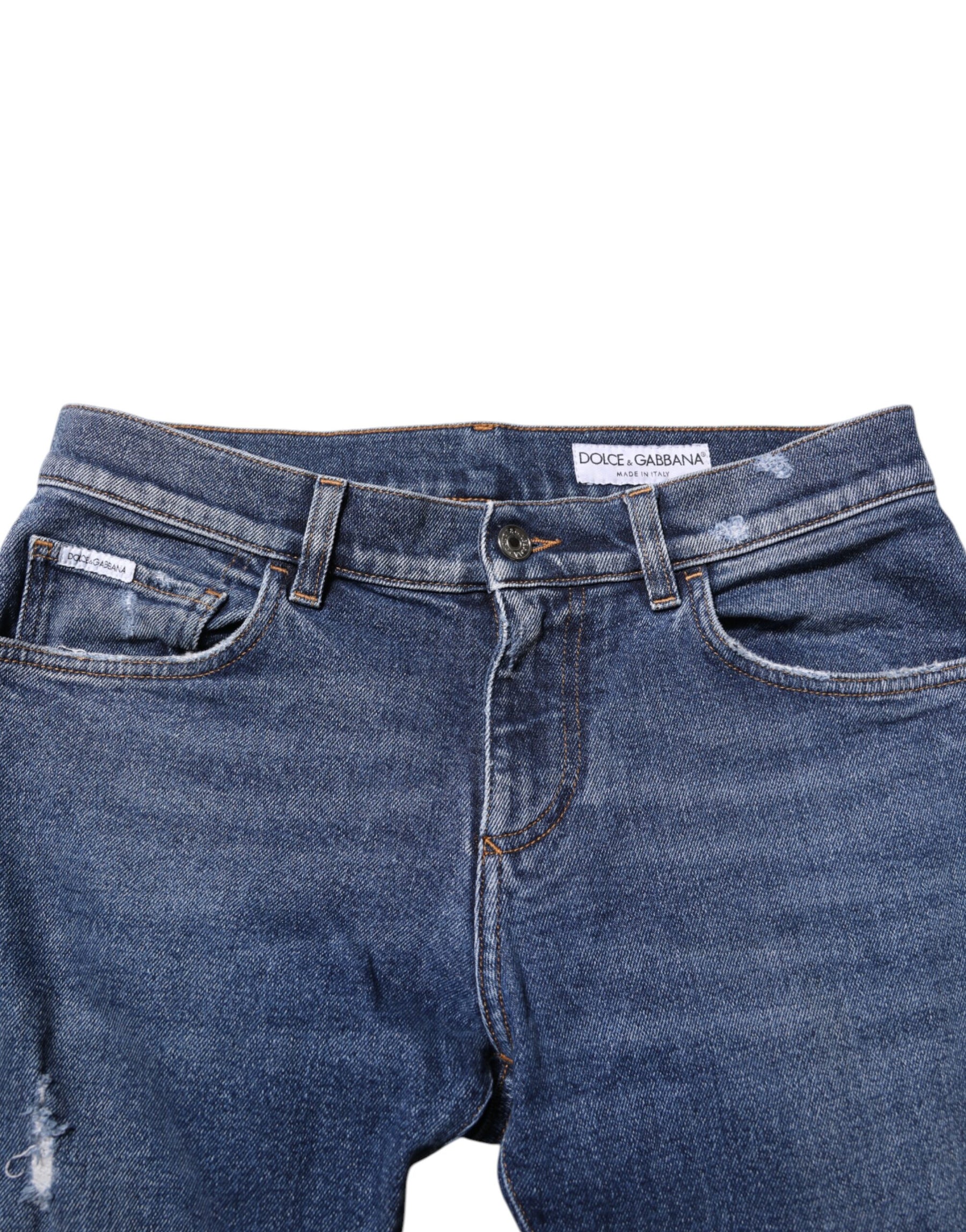 Dolce & Gabbana Blue Cotton Logo Plaque Skinny Men Denim Jeans | Regal Royce