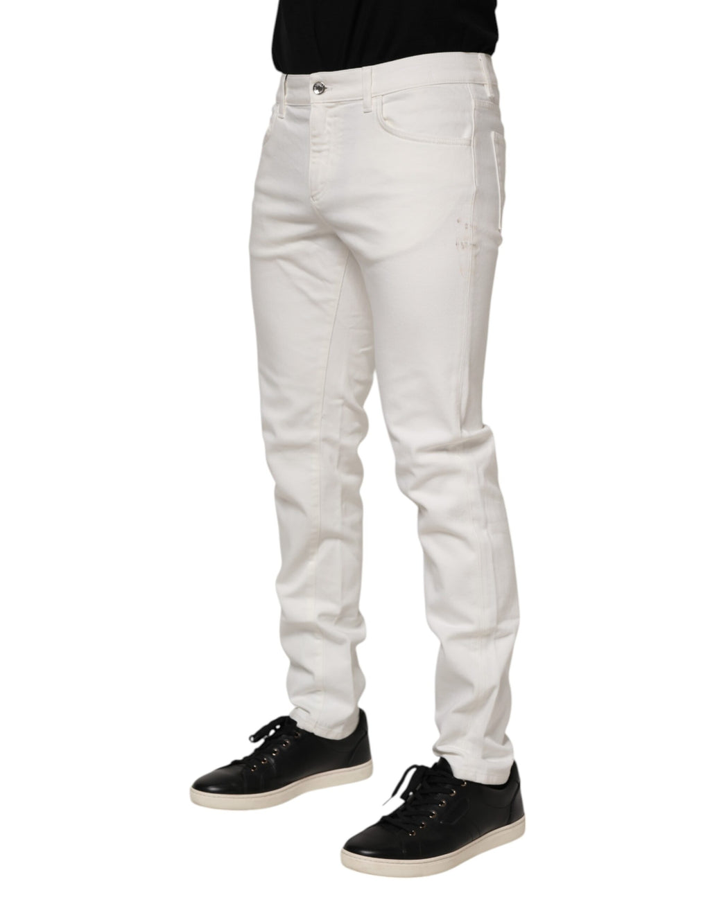 Dolce & Gabbana White Cotton Logo Plaque Slim Fit Denim Jeans