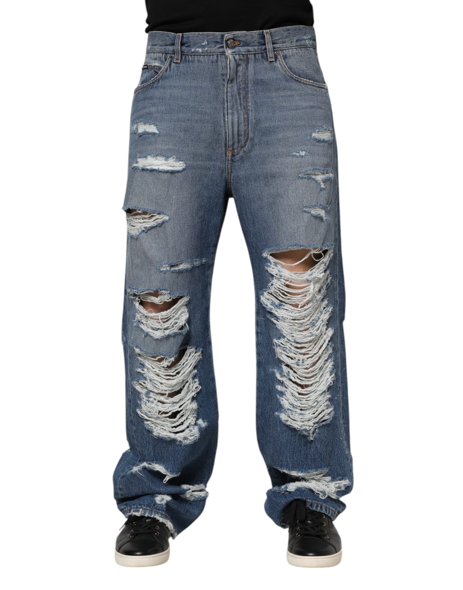 Dolce & Gabbana Blue Tattered Cotton Logo Plaque Denim Jeans | Regal Royce