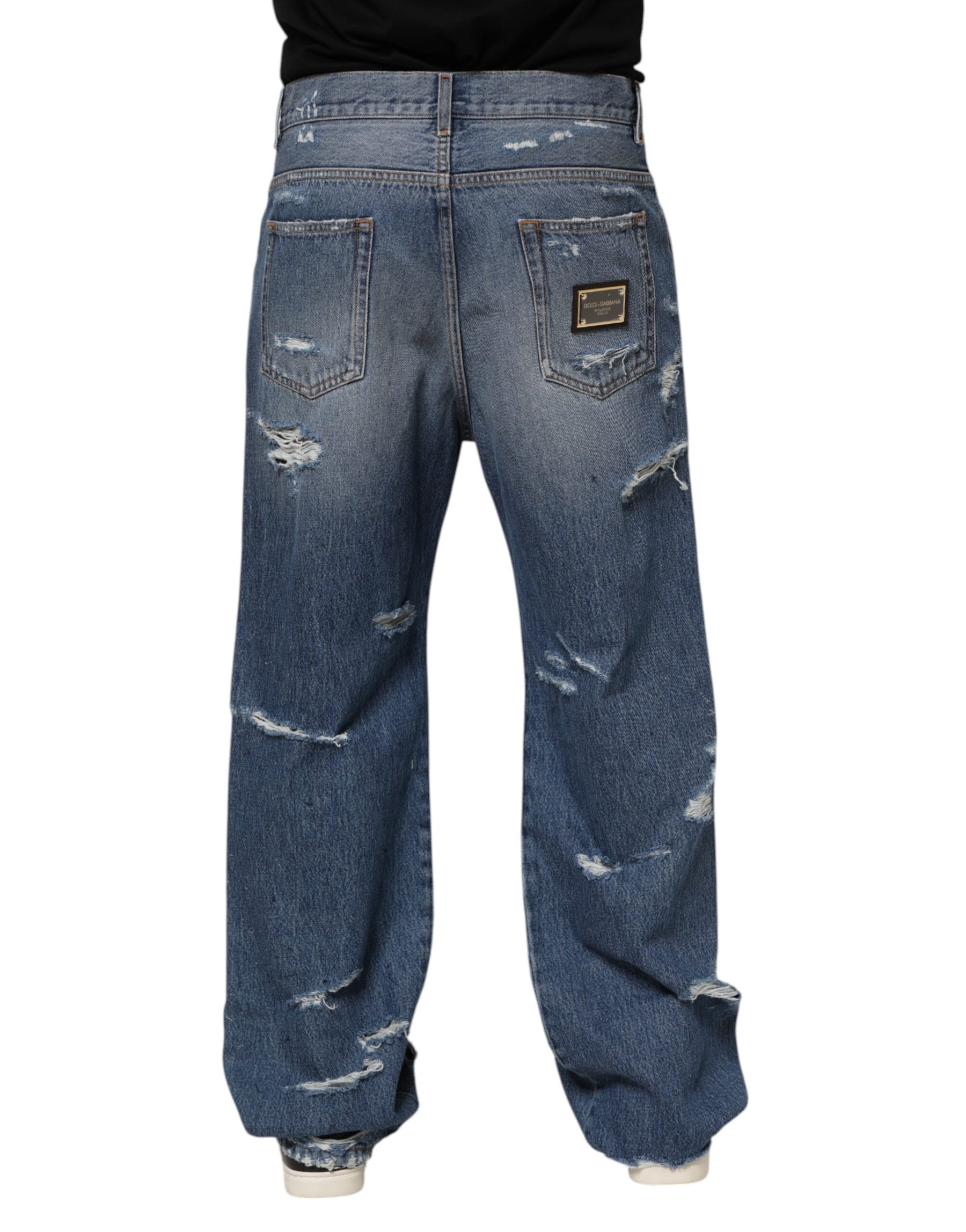 Dolce & Gabbana Blue Tattered Cotton Logo Plaque Denim Jeans | Regal Royce