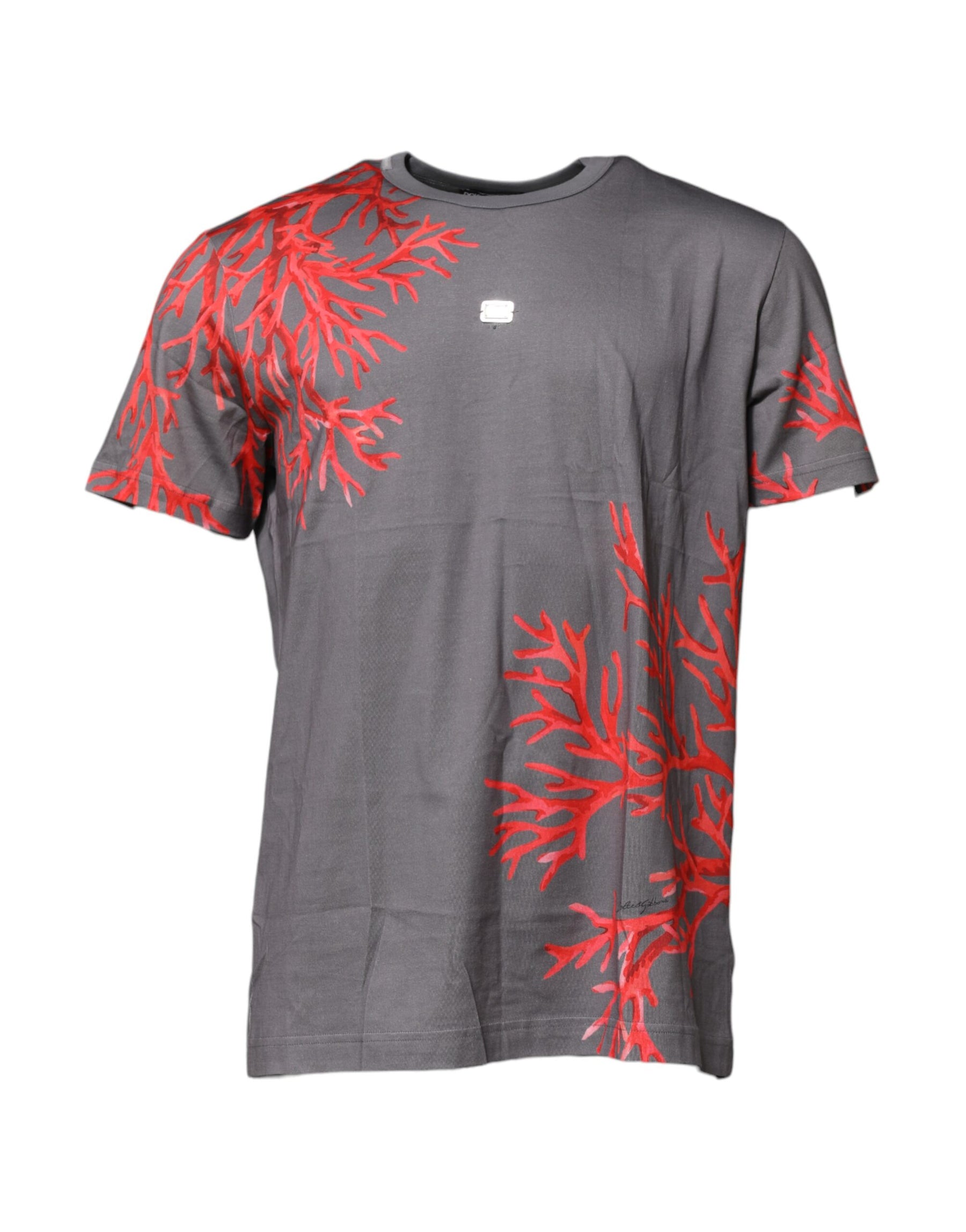 Dolce & Gabbana Gray Cotton Coral Print Logo Plaque T-shirt | Regal Royce