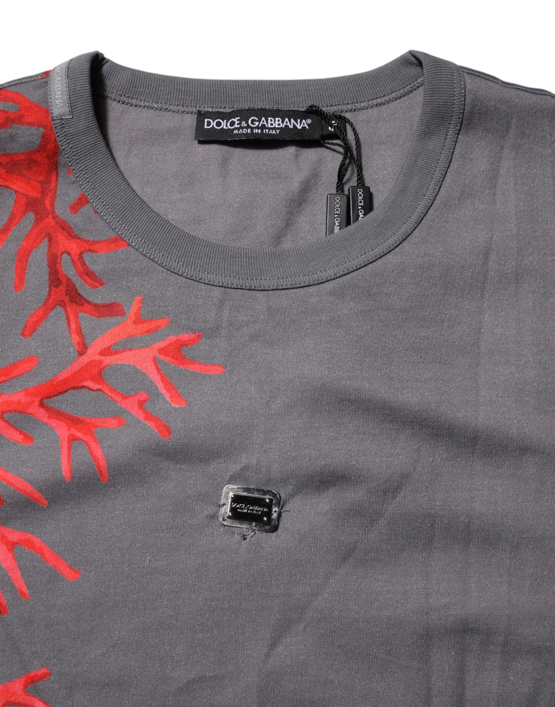 Dolce & Gabbana Gray Cotton Coral Print Logo Plaque T-shirt | Regal Royce