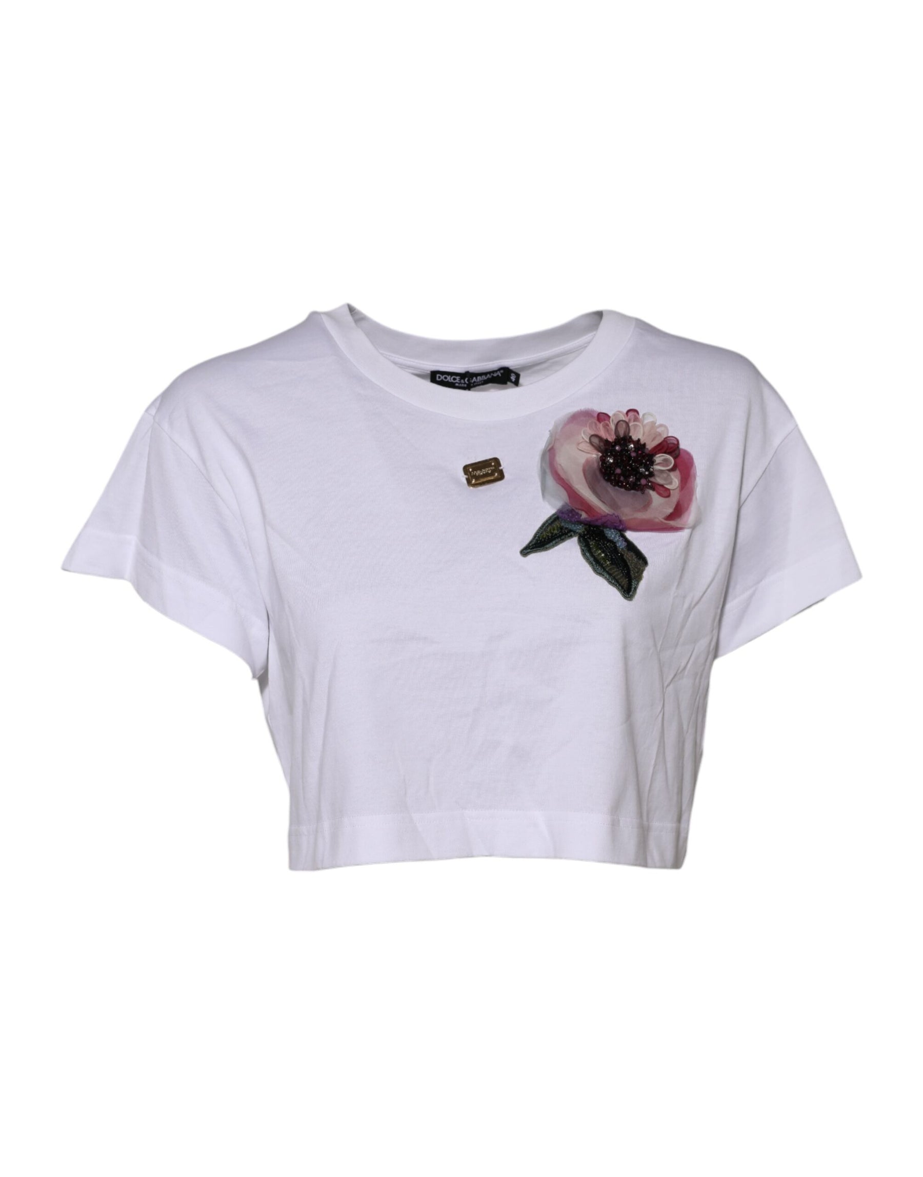 Dolce & Gabbana White Floral Lace DG Detailing Cropped T-shirt | Regal Royce