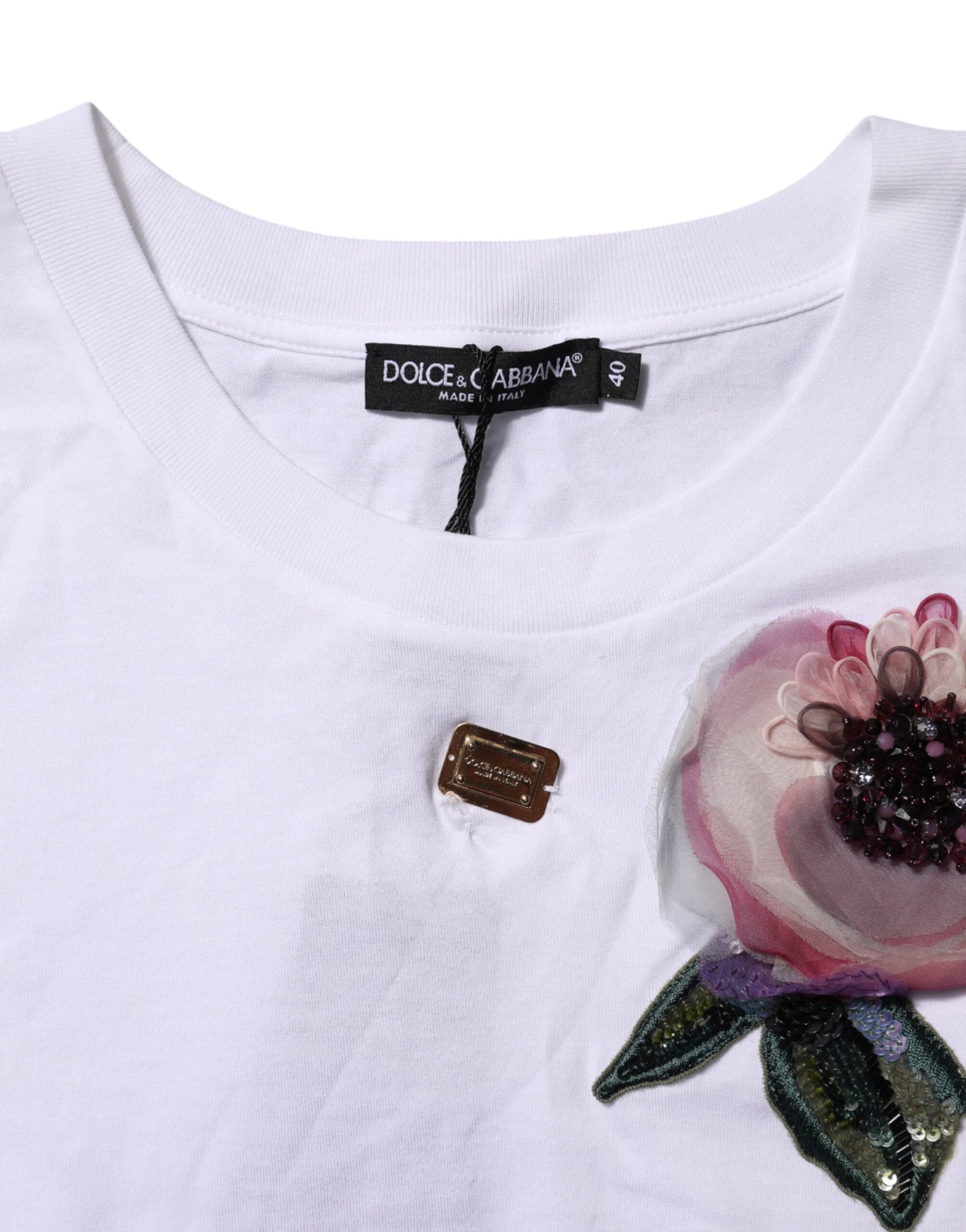 Dolce & Gabbana White Floral Lace DG Detailing Cropped T-shirt | Regal Royce