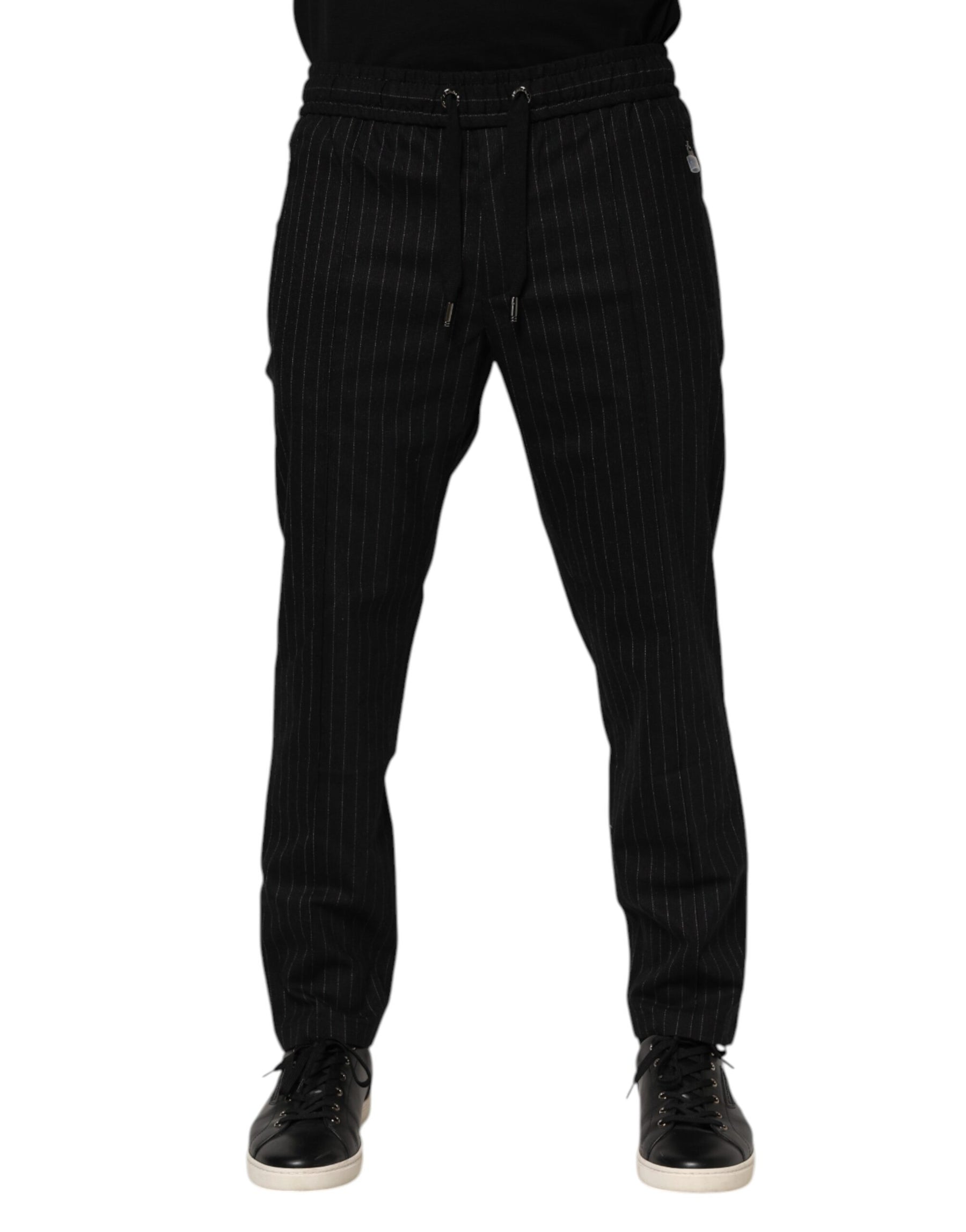 Dolce & Gabbana Black Striped Wool Men Jogger Pants | Regal Royce