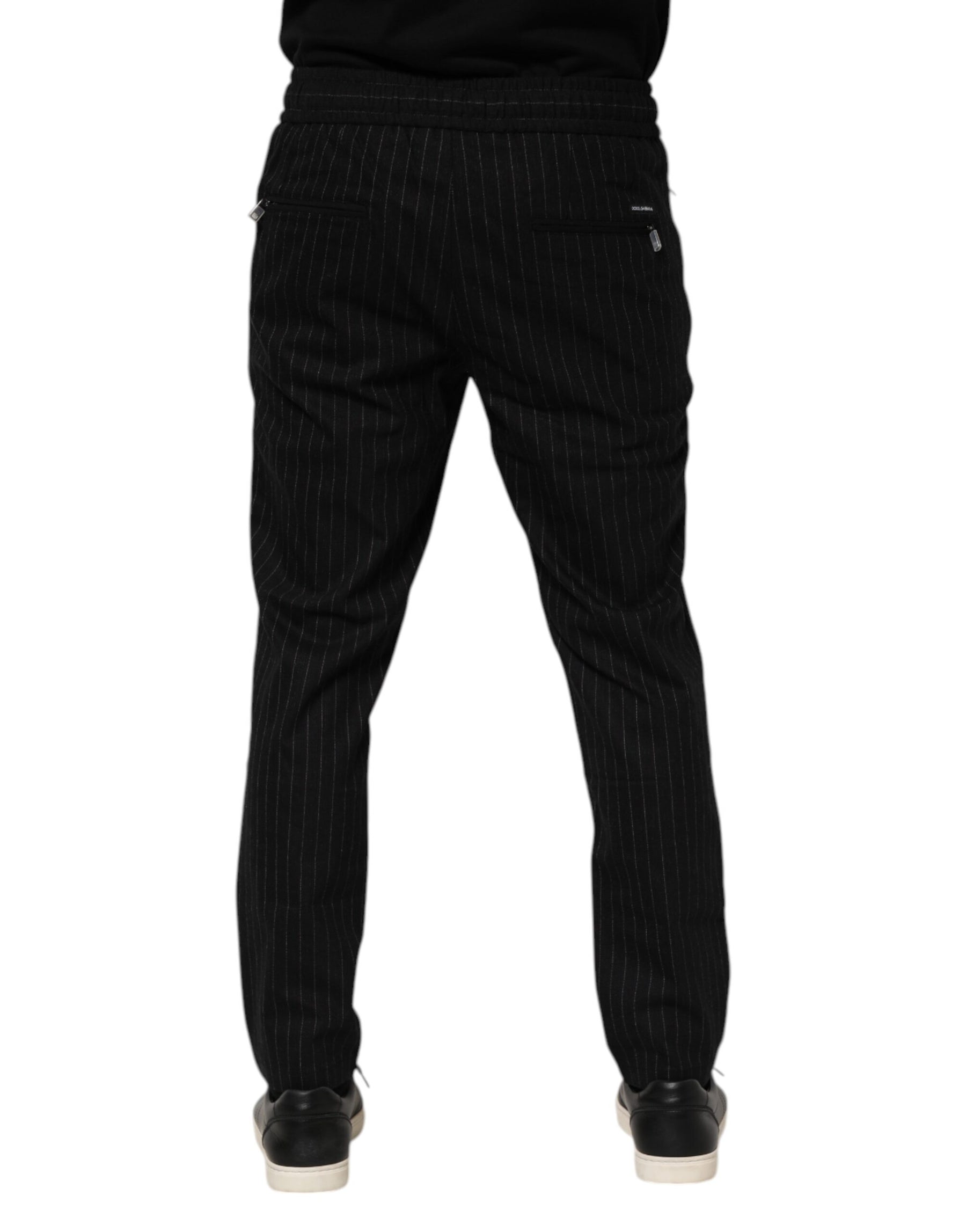 Dolce & Gabbana Black Striped Wool Men Jogger Pants | Regal Royce