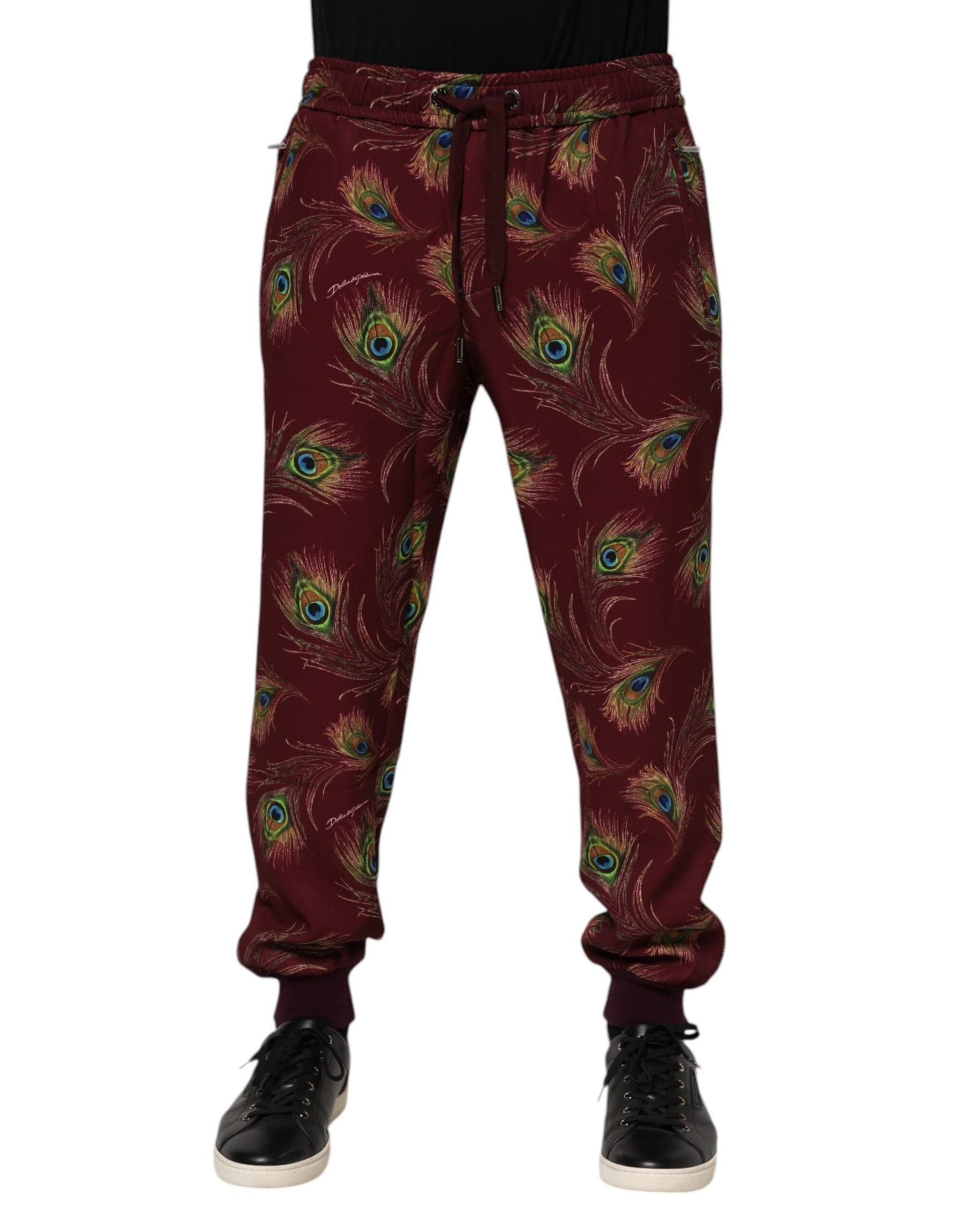 Dolce & Gabbana Burgundy Peacock Feather Print Jogger Pants | Regal Royce