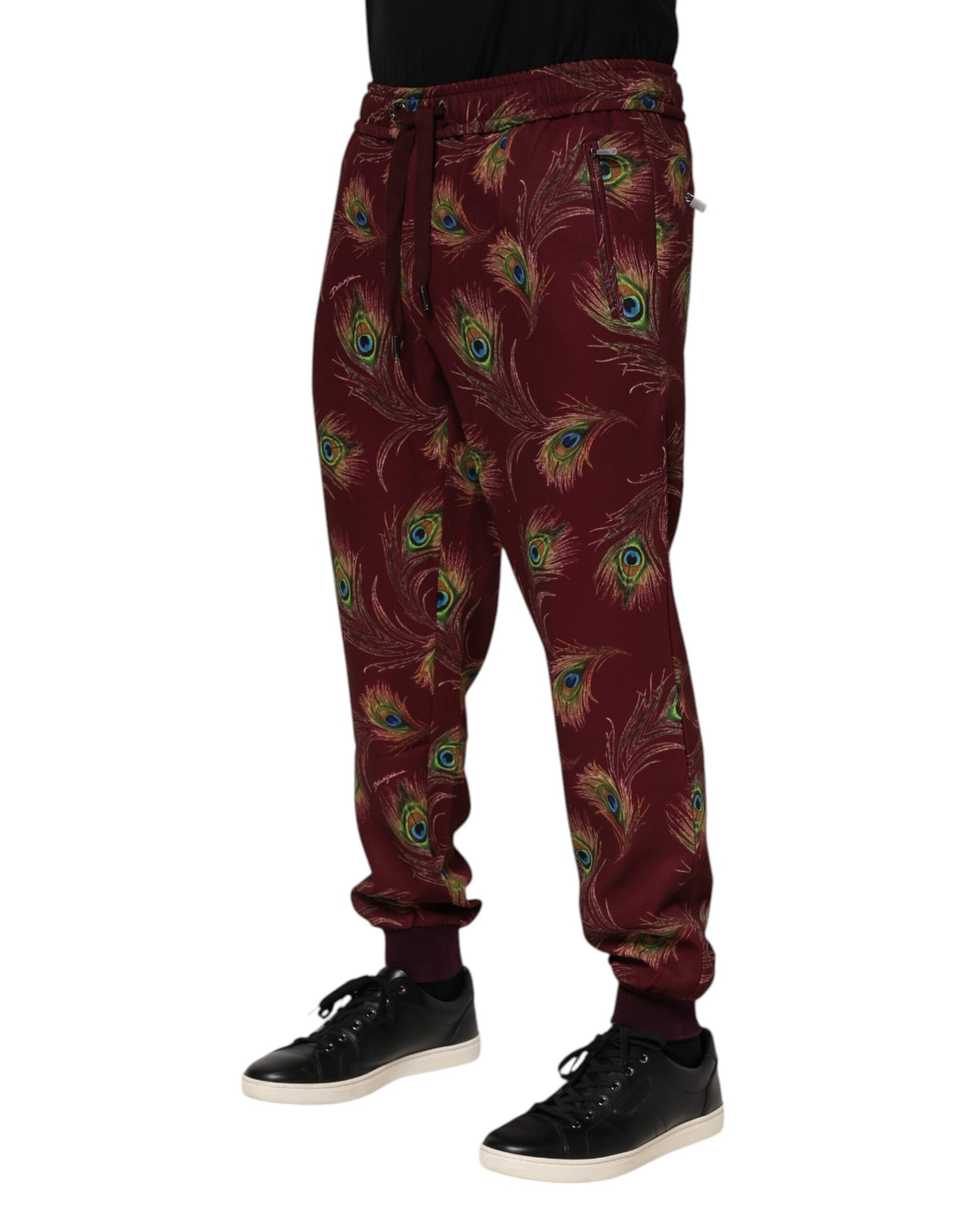 Dolce & Gabbana Burgundy Peacock Feather Print Jogger Pants | Regal Royce