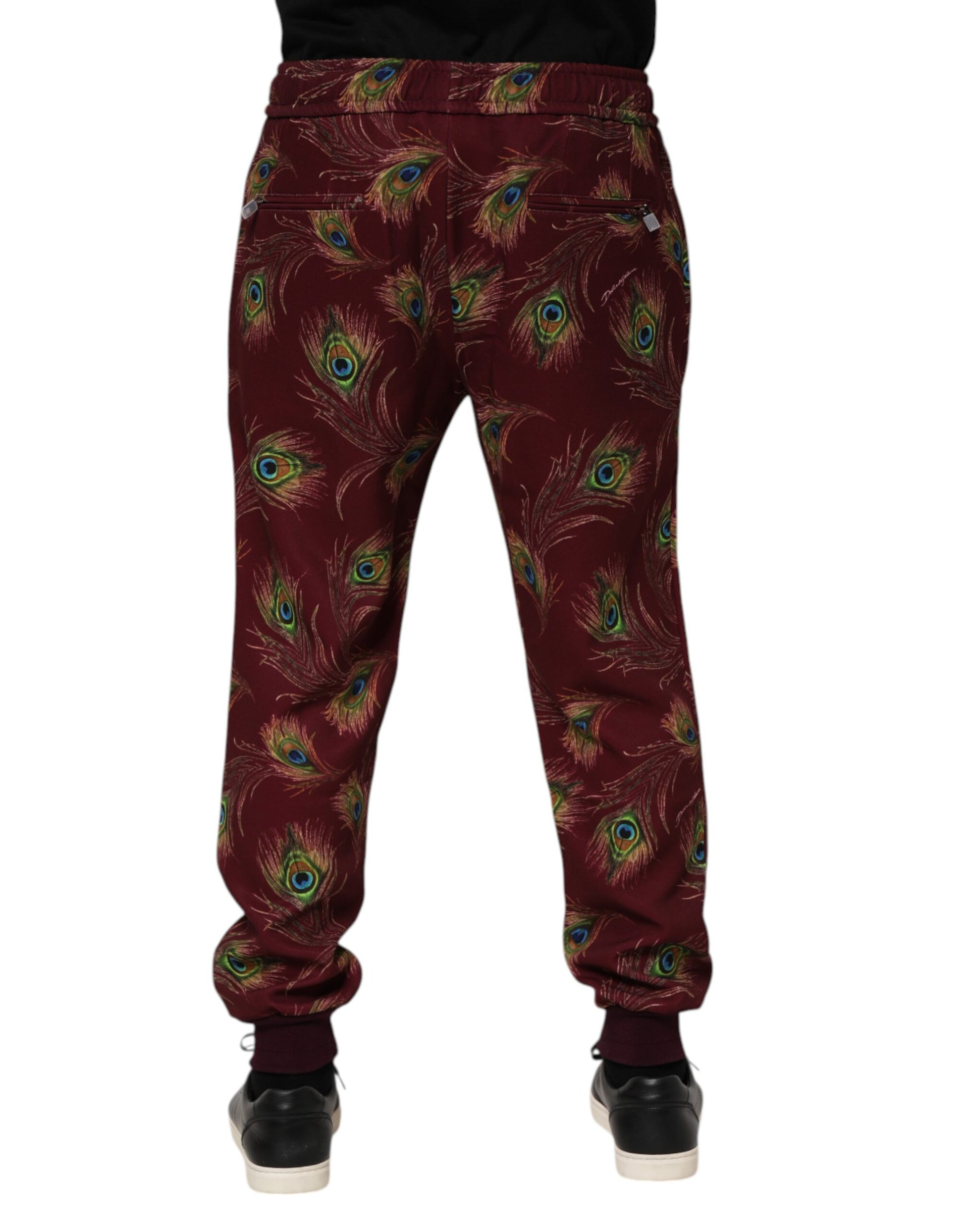 Dolce & Gabbana Burgundy Peacock Feather Print Jogger Pants