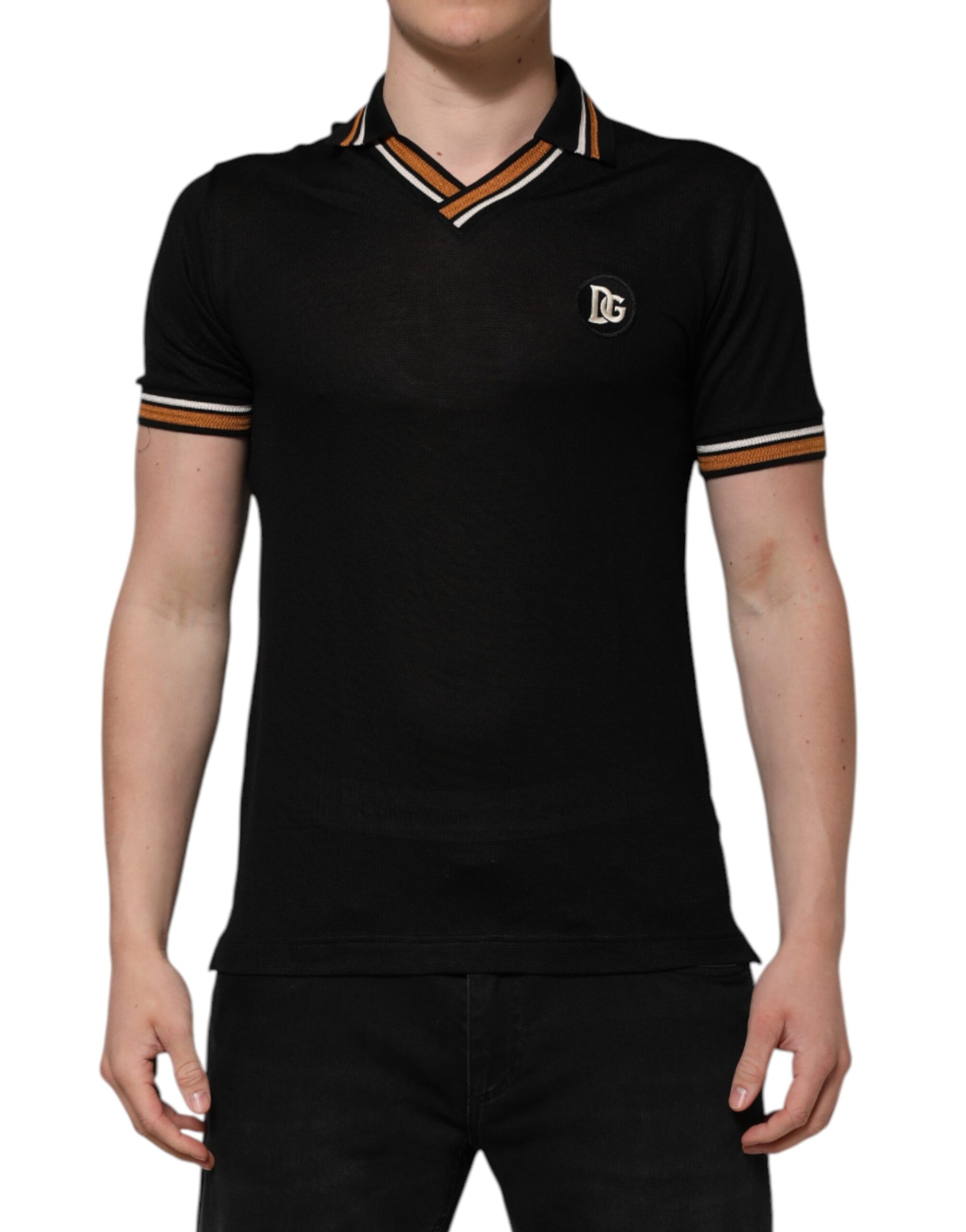 Dolce & Gabbana Black DG Silk V-neck Collared Men Polo T-shirt