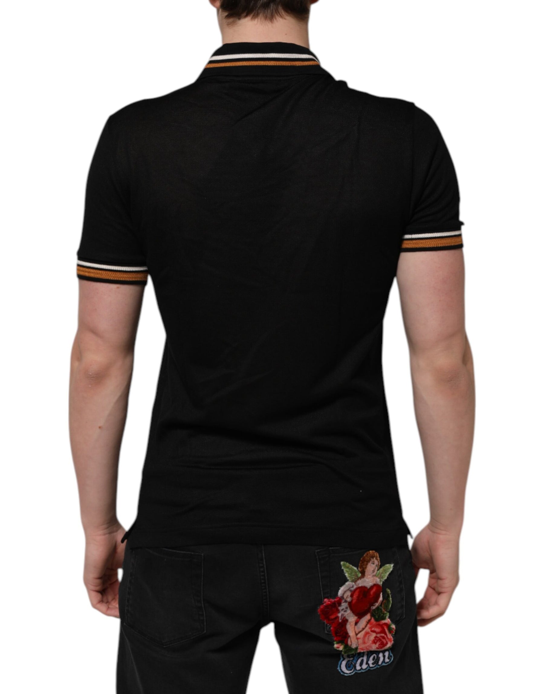 Dolce & Gabbana Black DG Silk V-neck Collared Men Polo T-shirt | Regal Royce
