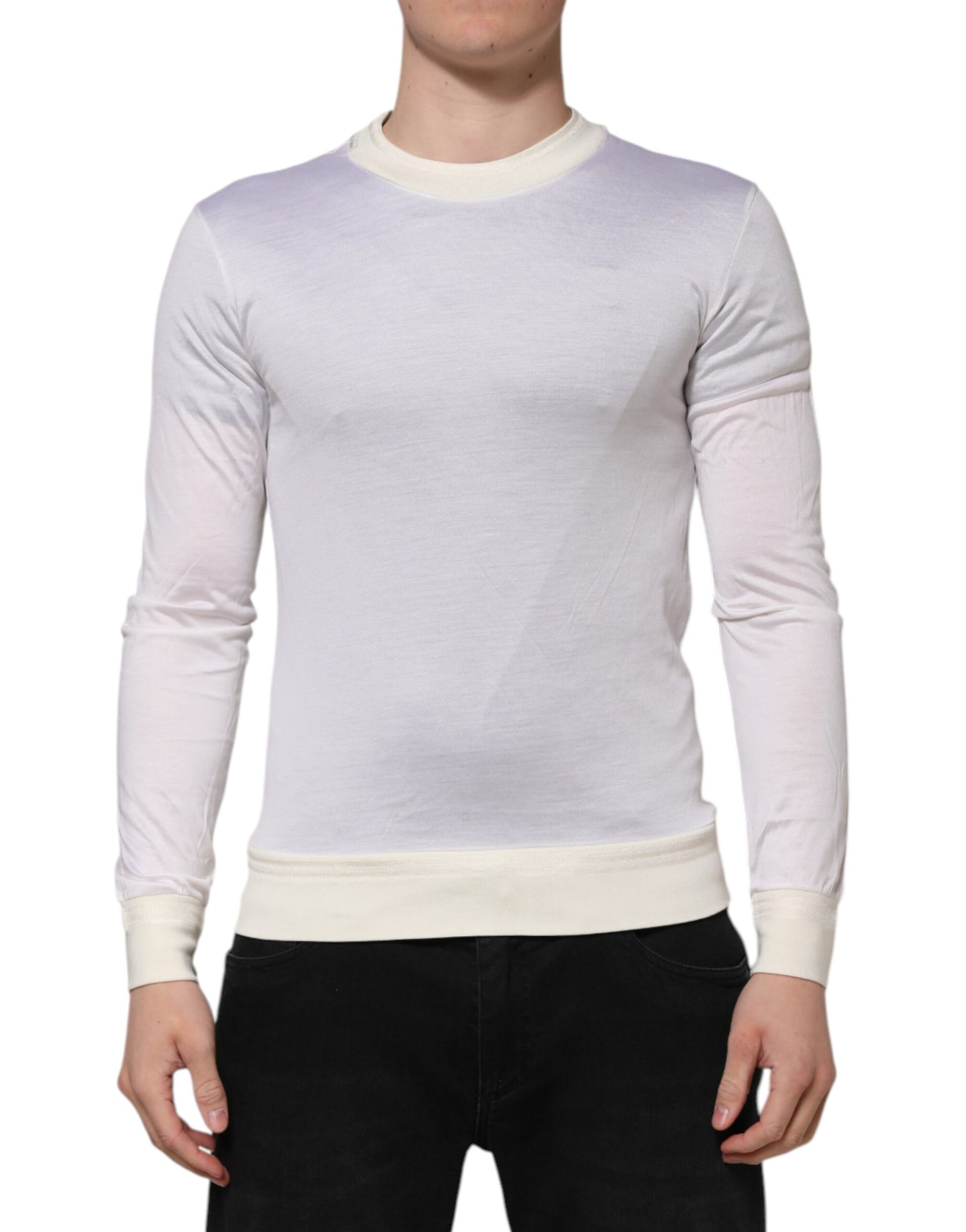 Dolce & Gabbana White Silk Crew Neck Long Sleeves T-shirt | Regal Royce