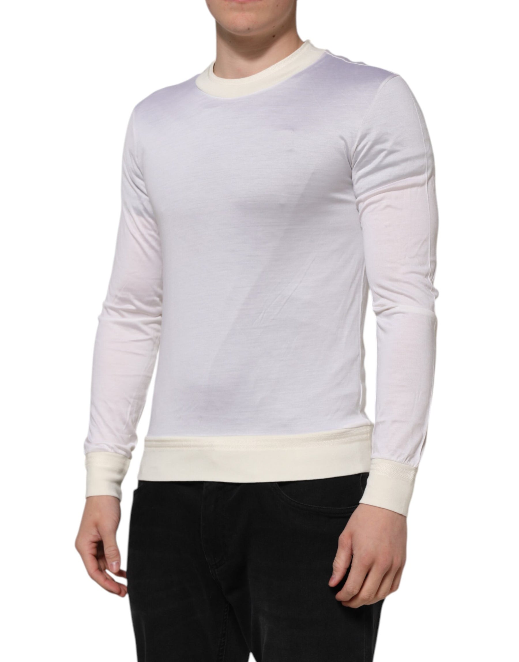 Dolce & Gabbana White Silk Crew Neck Long Sleeves T-shirt | Regal Royce
