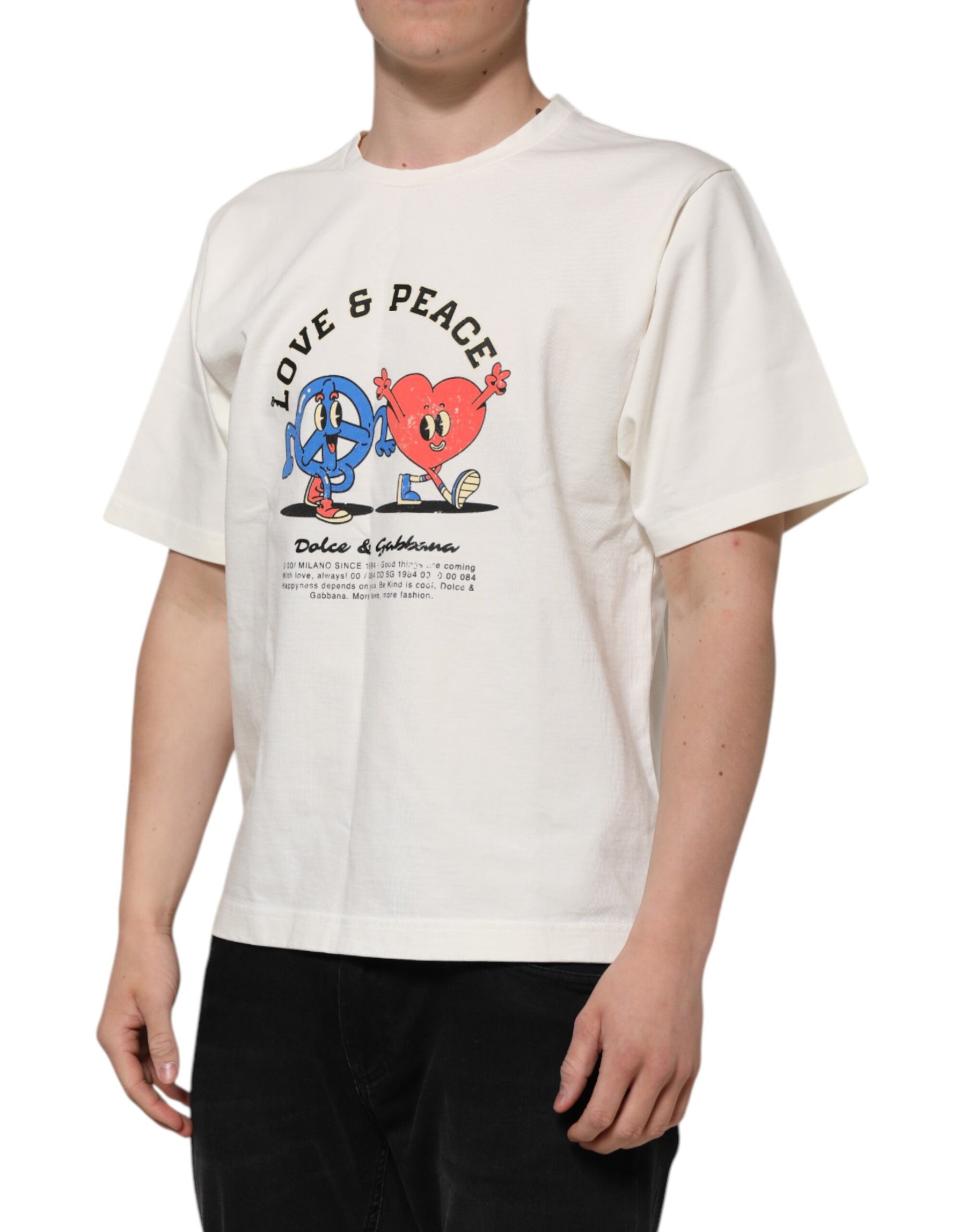 Dolce & Gabbana White Love Peace Cotton Men Crew Neck T-shirt | Regal Royce