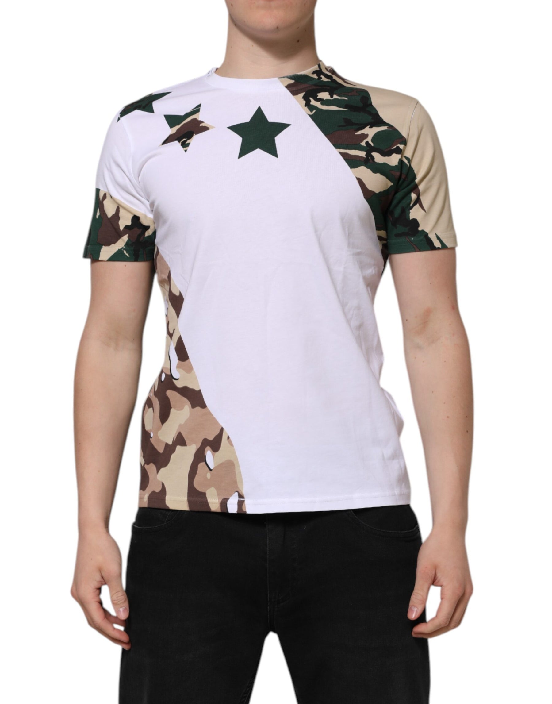 Dolce & Gabbana White Camouflage Cotton Men Crew Neck T-shirt | Regal Royce