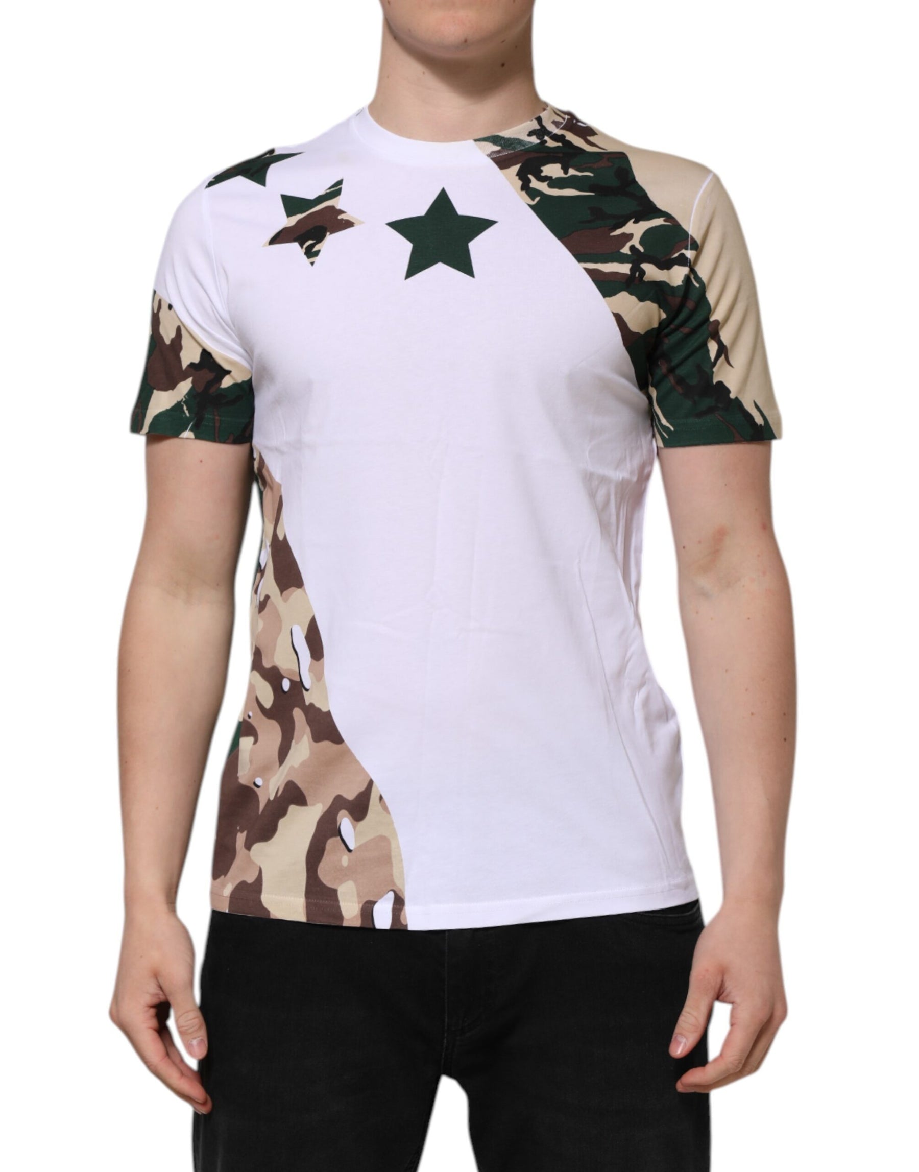 Dolce & Gabbana White Camouflage Cotton Men Crew Neck T-shirt | Regal Royce