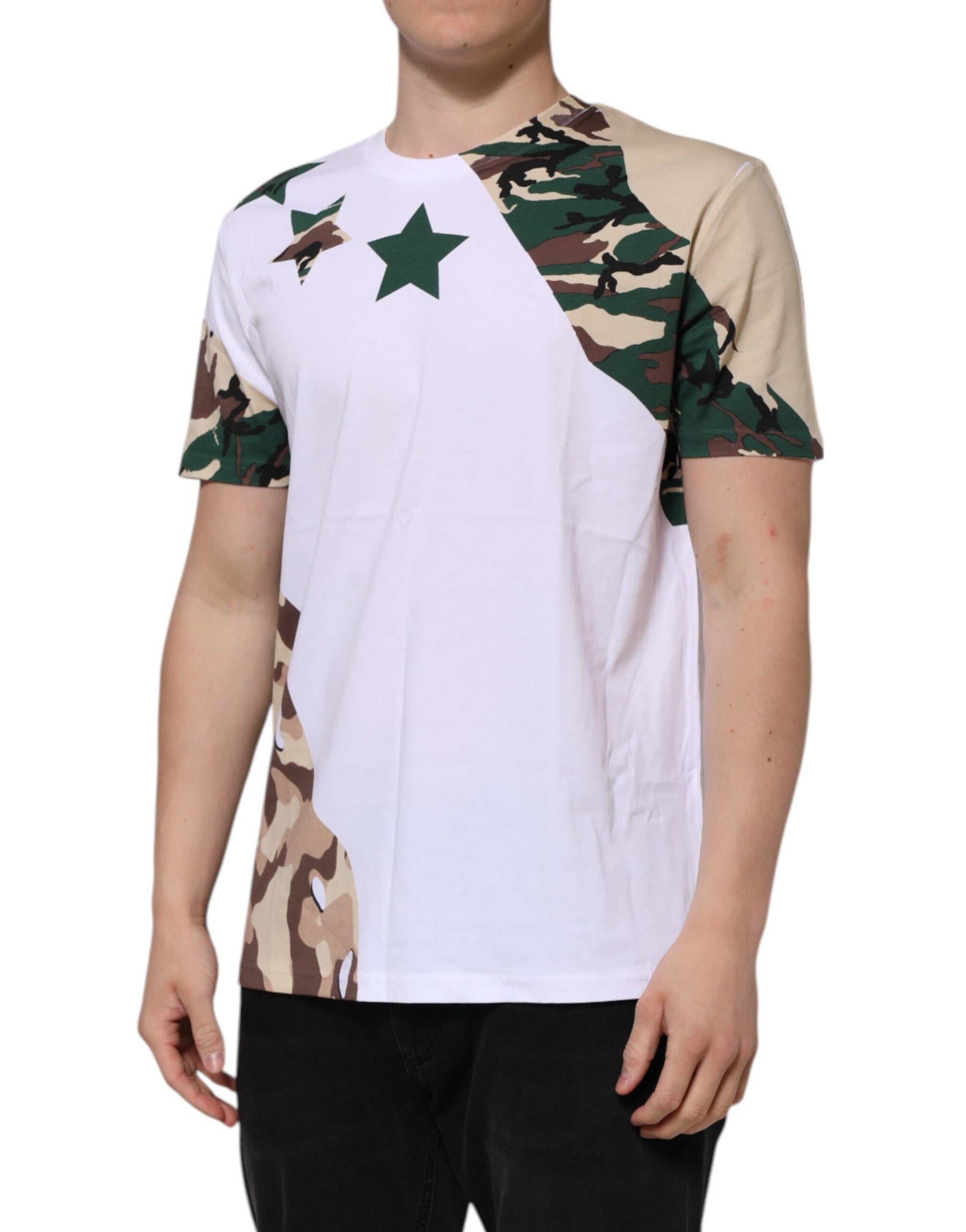 Dolce & Gabbana White Camouflage Cotton Men Crew Neck T-shirt | Regal Royce