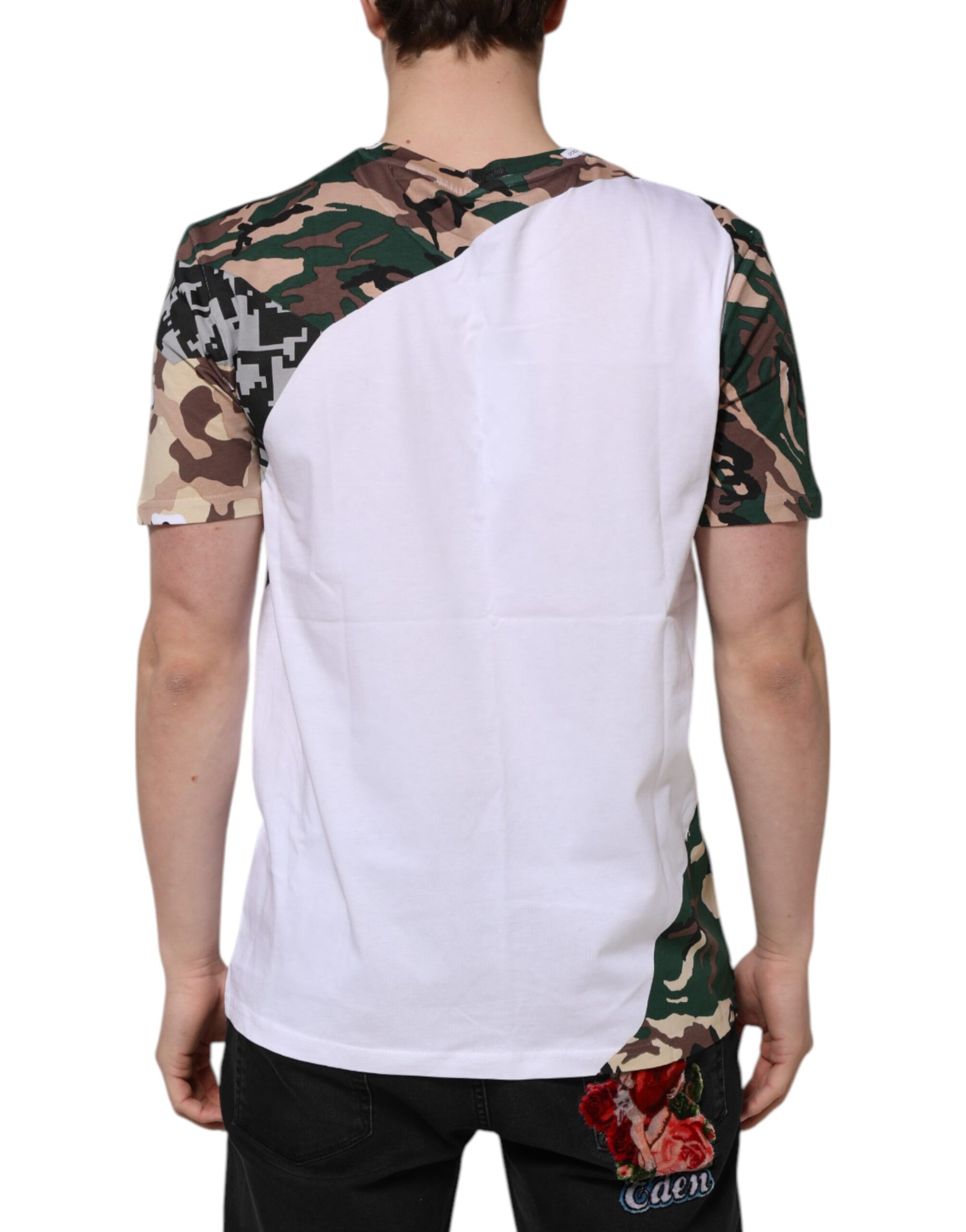 Dolce & Gabbana White Camouflage Cotton Men Crew Neck T-shirt | Regal Royce