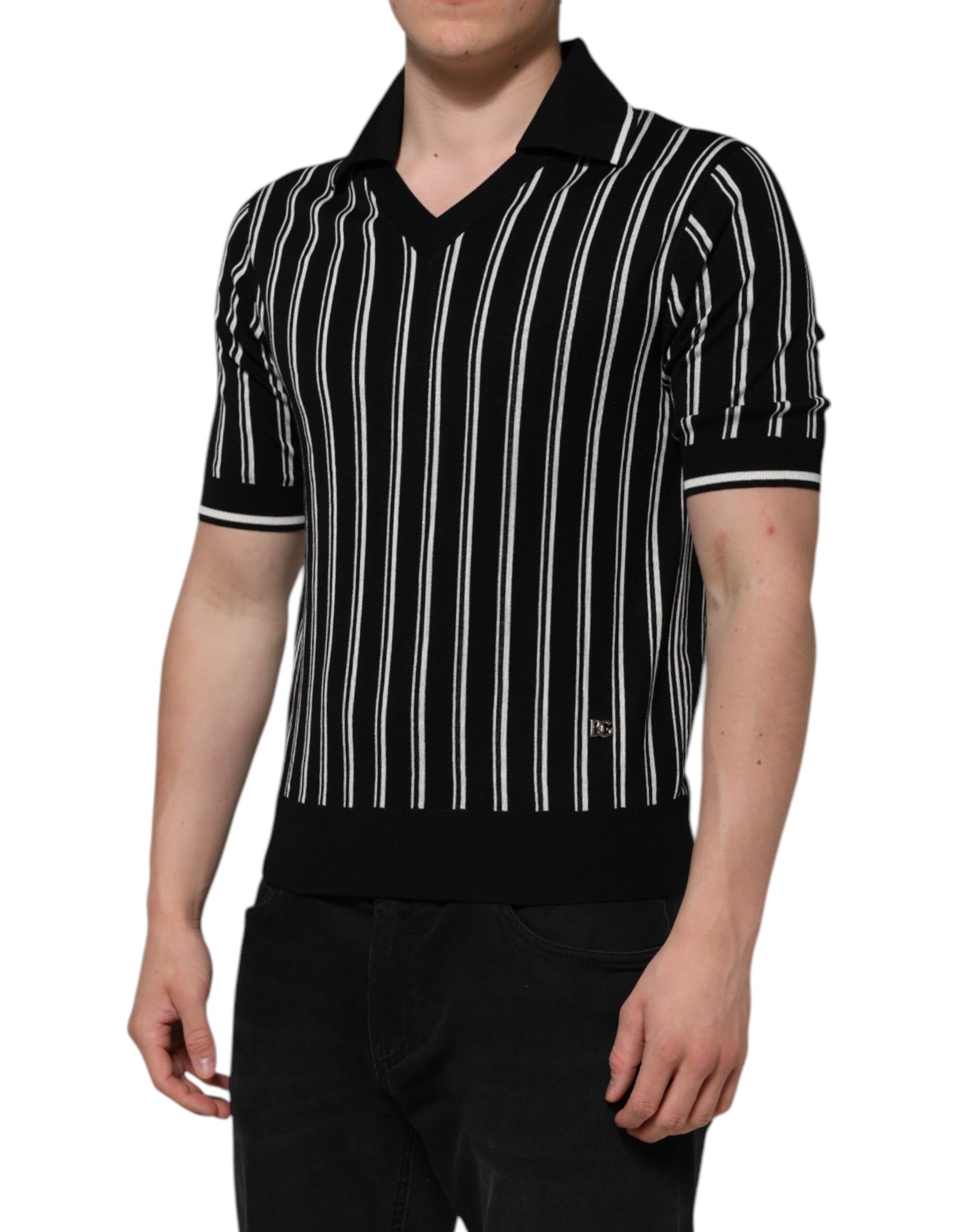 Dolce & Gabbana Black White Stripes Collared Polo T-shirt | Regal Royce