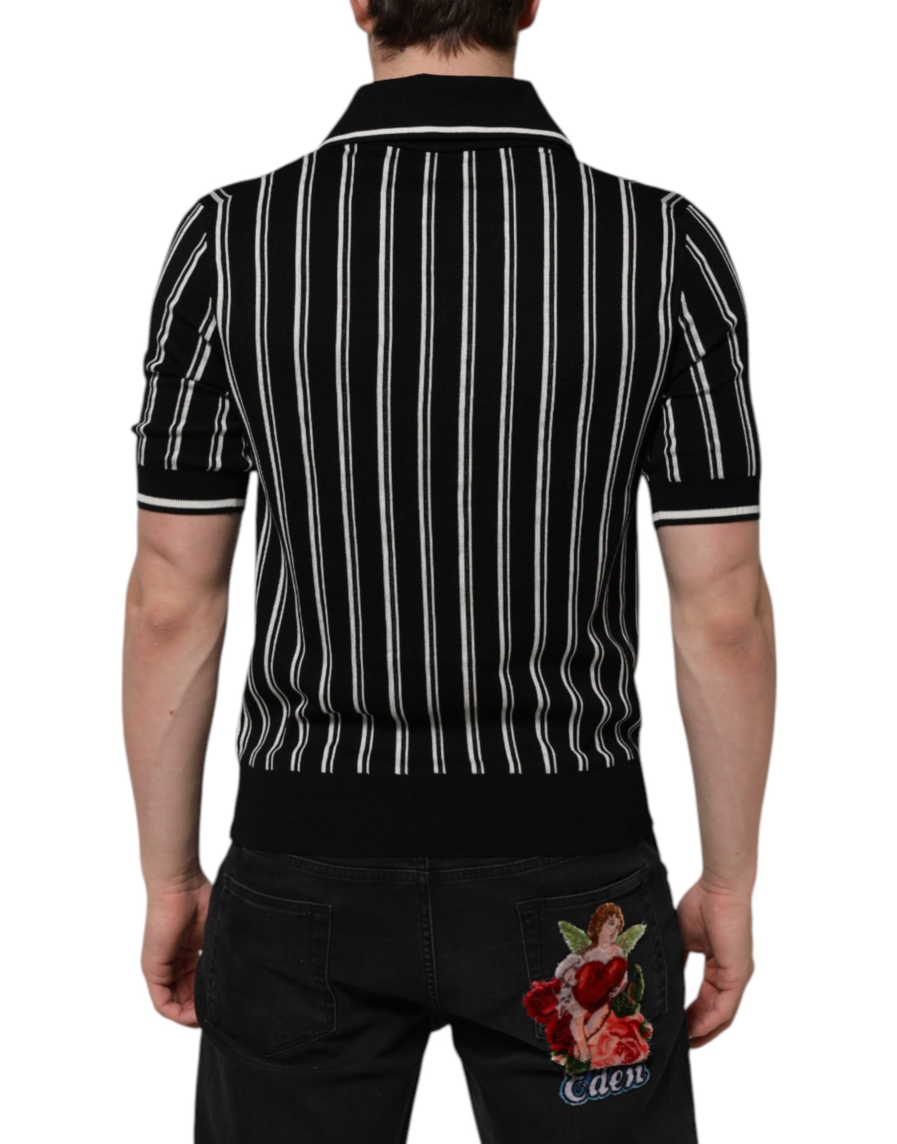 Dolce & Gabbana Black White Stripes Collared Polo T-shirt | Regal Royce