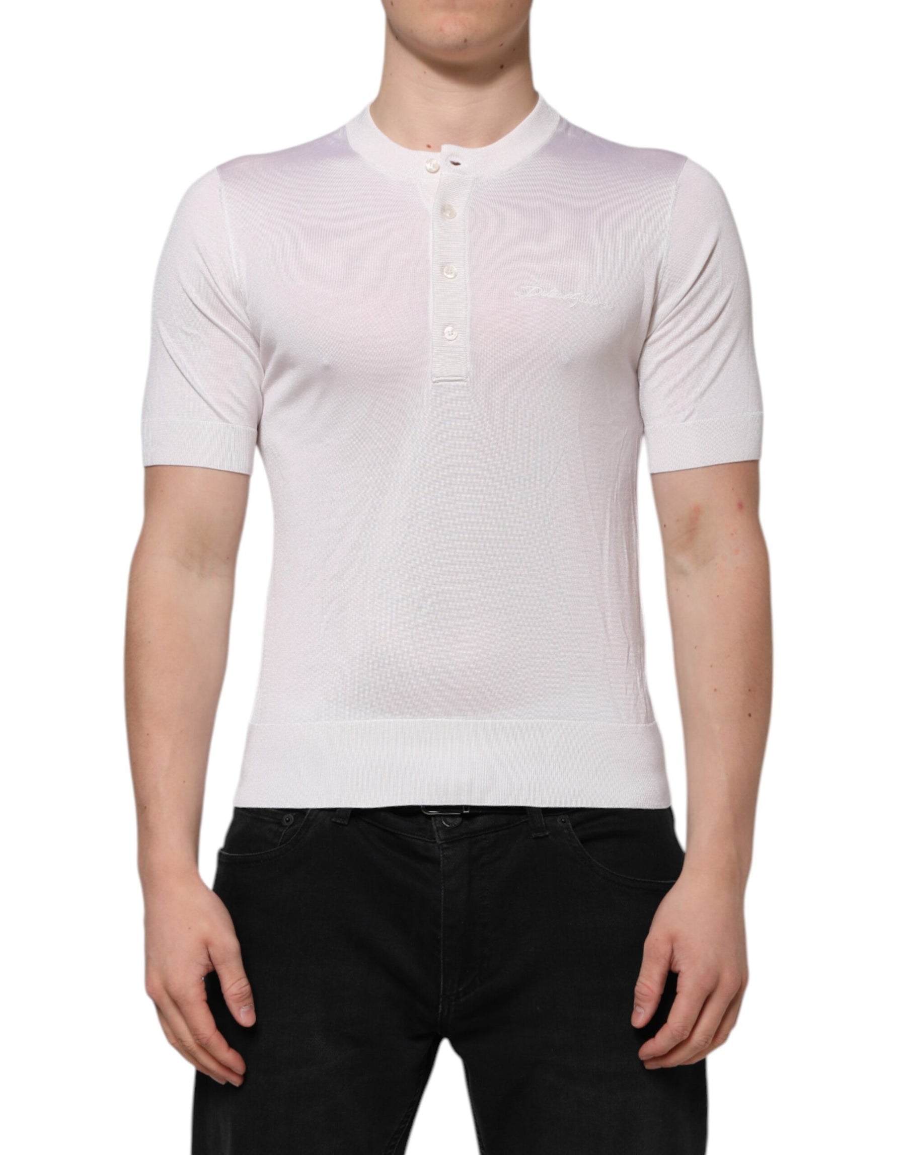 Dolce & Gabbana White Silk Short Sleeves Men Henley T-shirt | Regal Royce