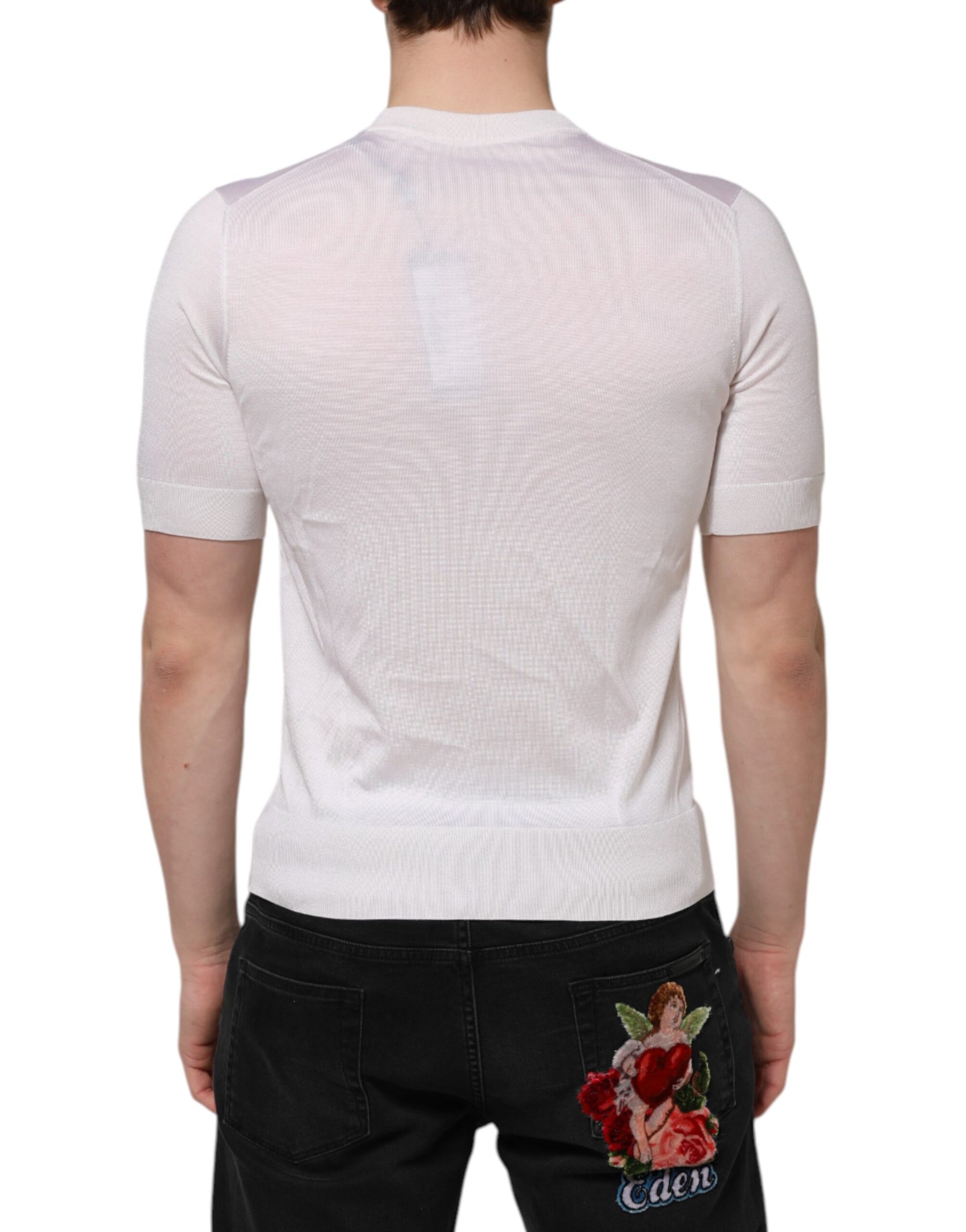 Dolce & Gabbana White Silk Short Sleeves Men Henley T-shirt | Regal Royce