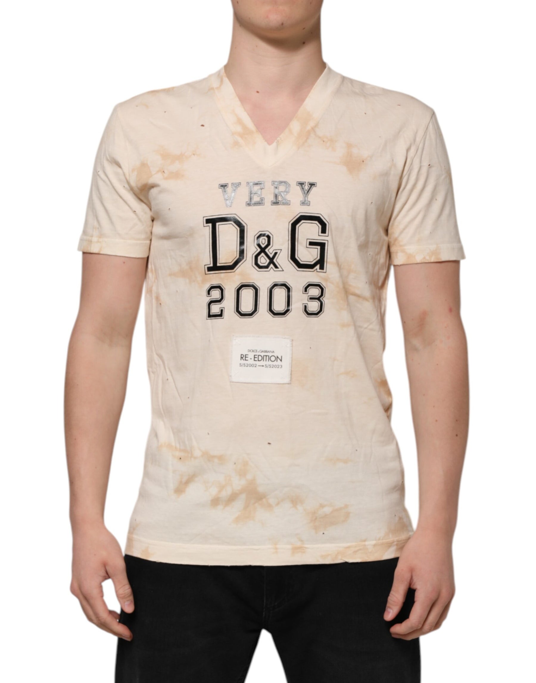 Dolce & Gabbana Beige Logo Print Short Sleeve V-neck T-shirt | Regal Royce