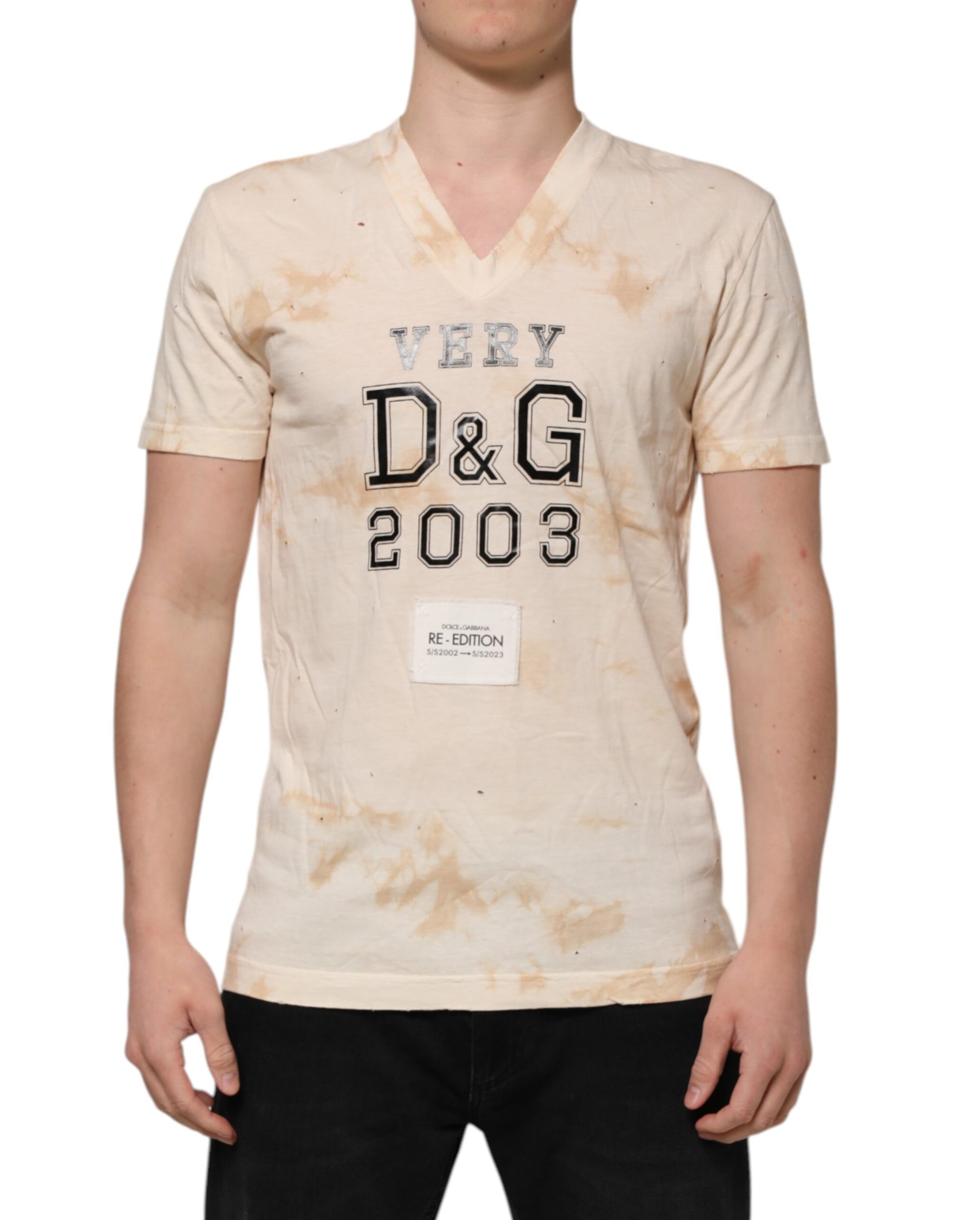 Dolce & Gabbana Beige Logo Print Short Sleeve V-neck T-shirt