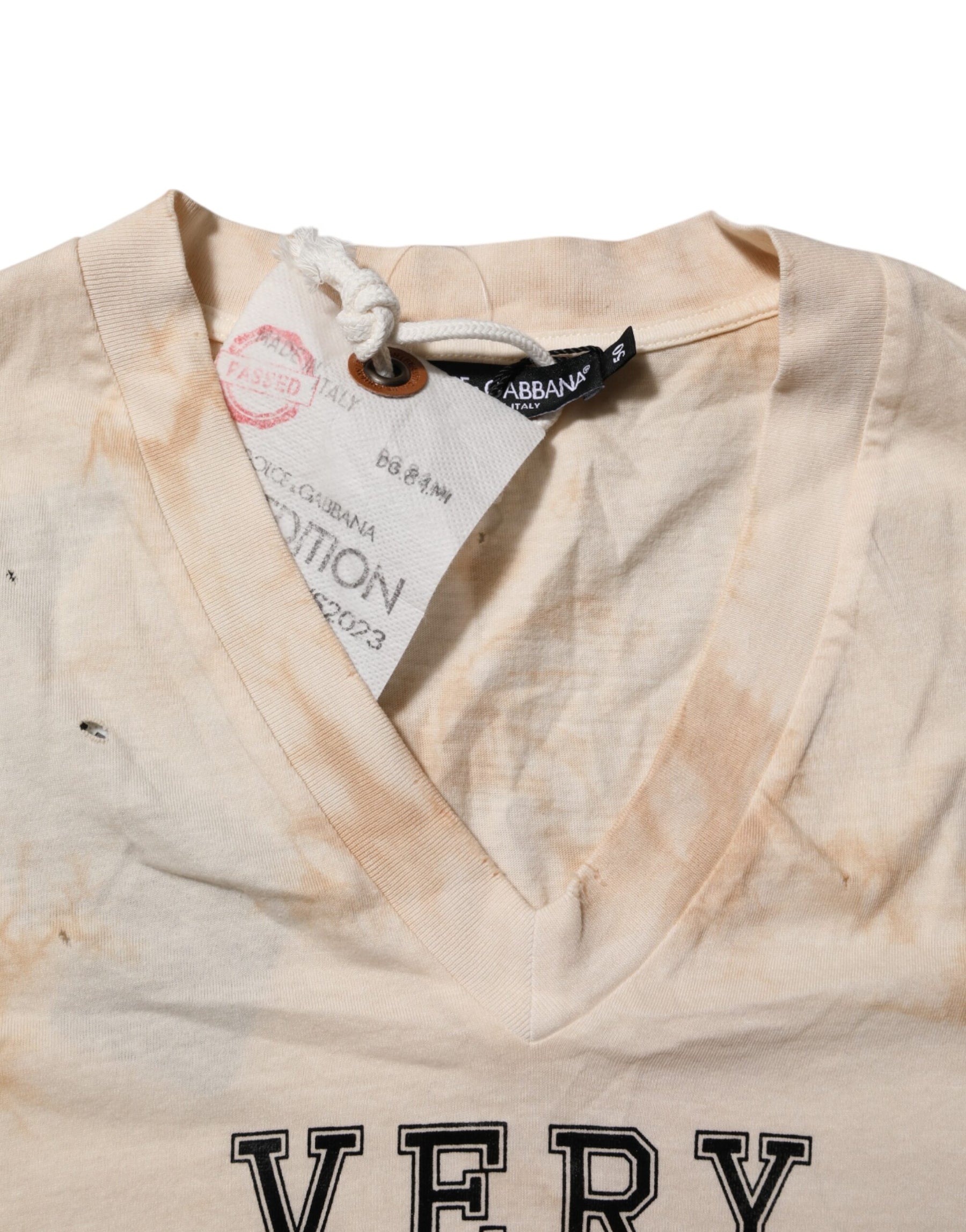 Dolce & Gabbana Beige Logo Print Short Sleeve V-neck T-shirt | Regal Royce