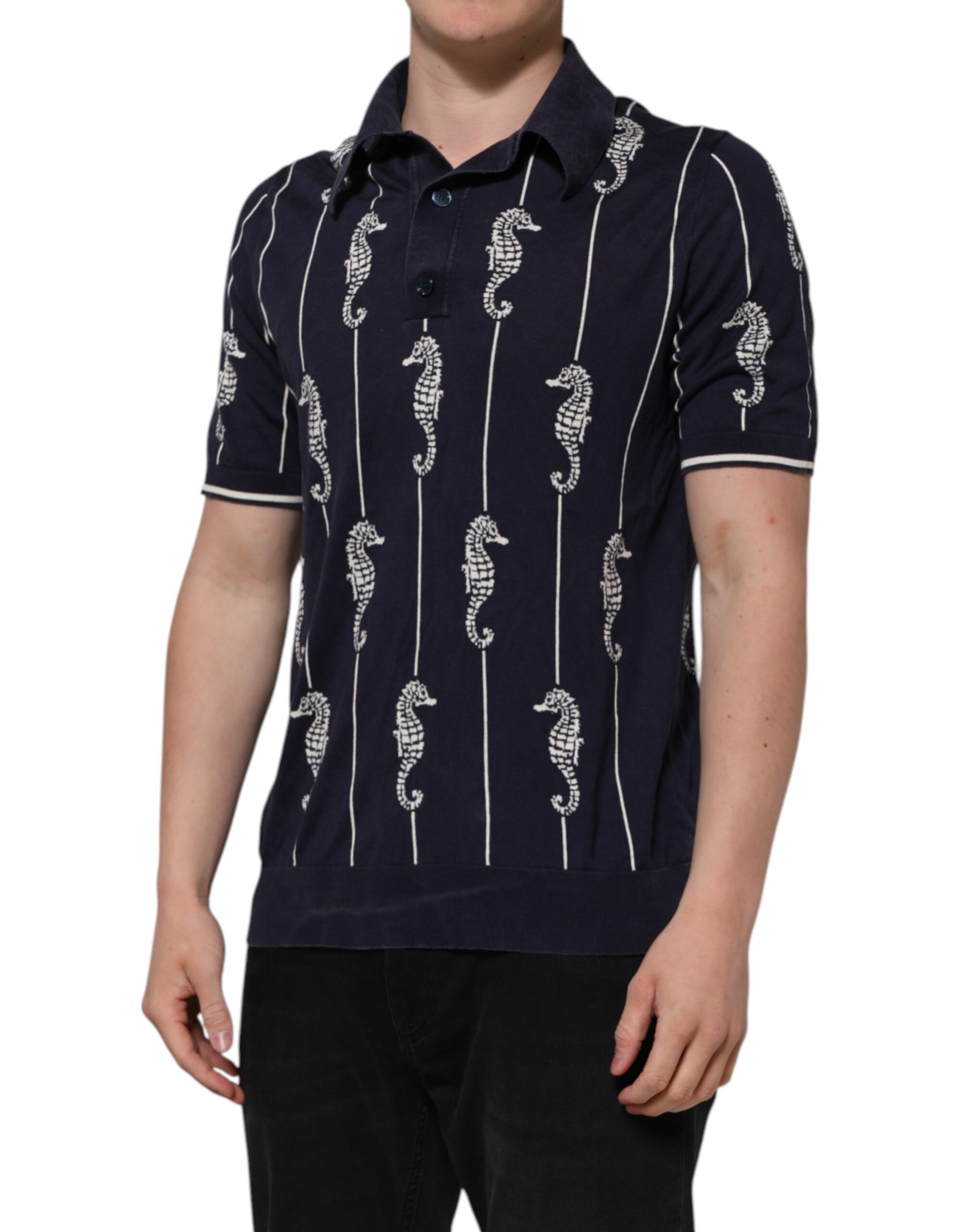 Dolce & Gabbana Dark Blue Sea Horse Collared Polo T-shirt | Regal Royce
