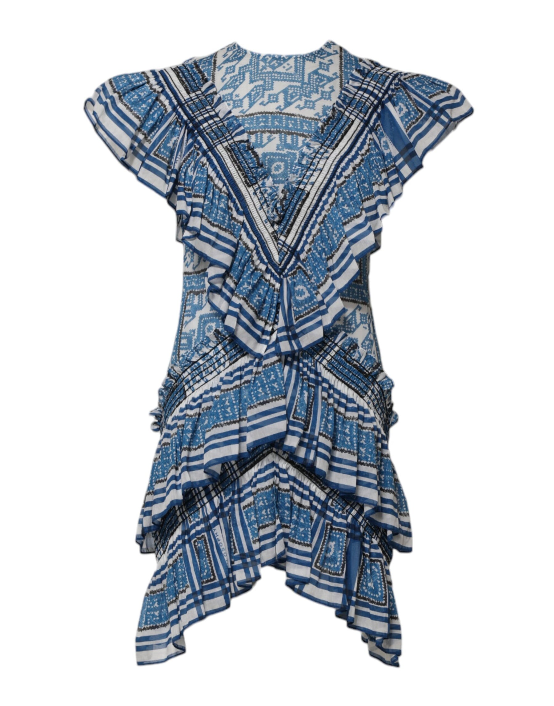 Philosophy di Lorenzo Serafini Blue Patterned Layered Short Sleeves Mini Dress | Regal Royce