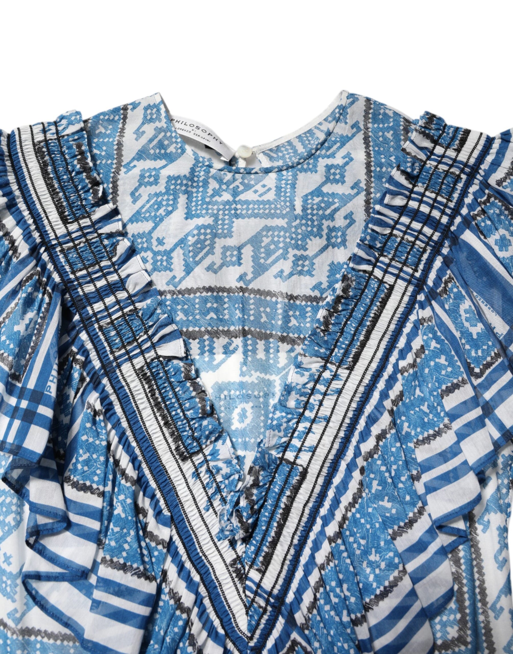 Philosophy di Lorenzo Serafini Blue Patterned Layered Short Sleeves Mini Dress | Regal Royce