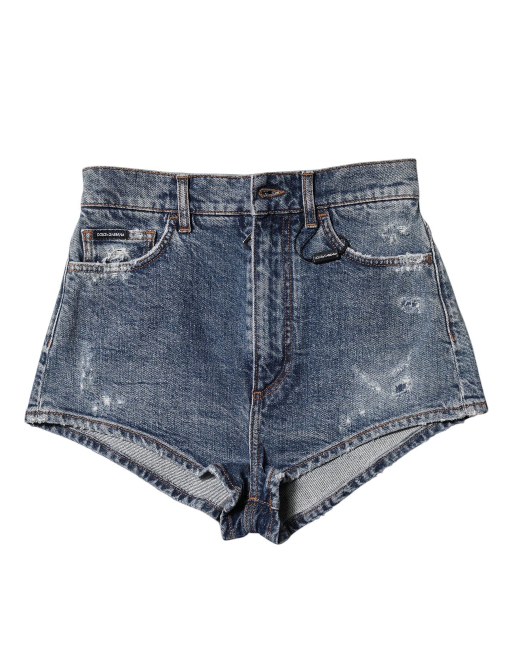 Dolce & Gabbana Blue Tattered Denim Cotton Hot Pants Shorts | Regal Royce