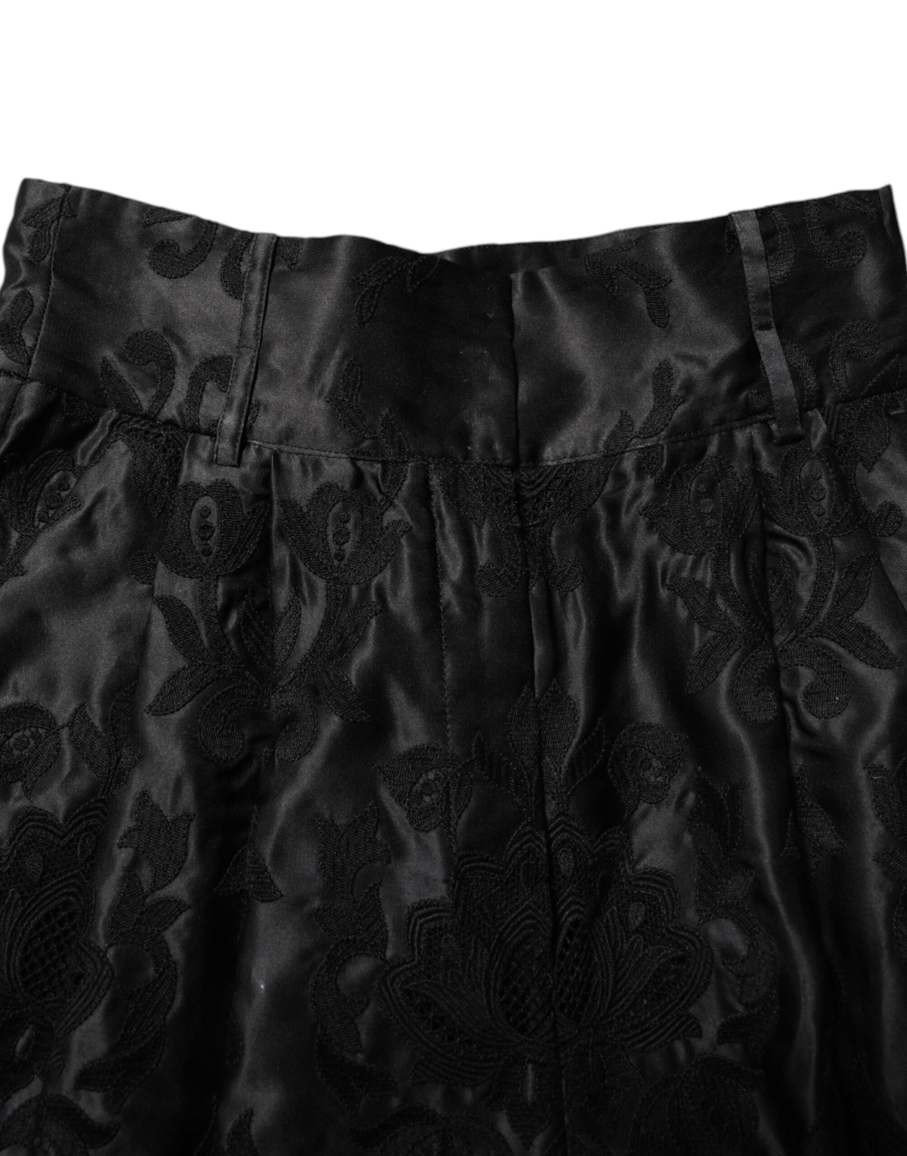 Dolce & Gabbana Black Floral Embroidery Silk High Waist Shorts | Regal Royce