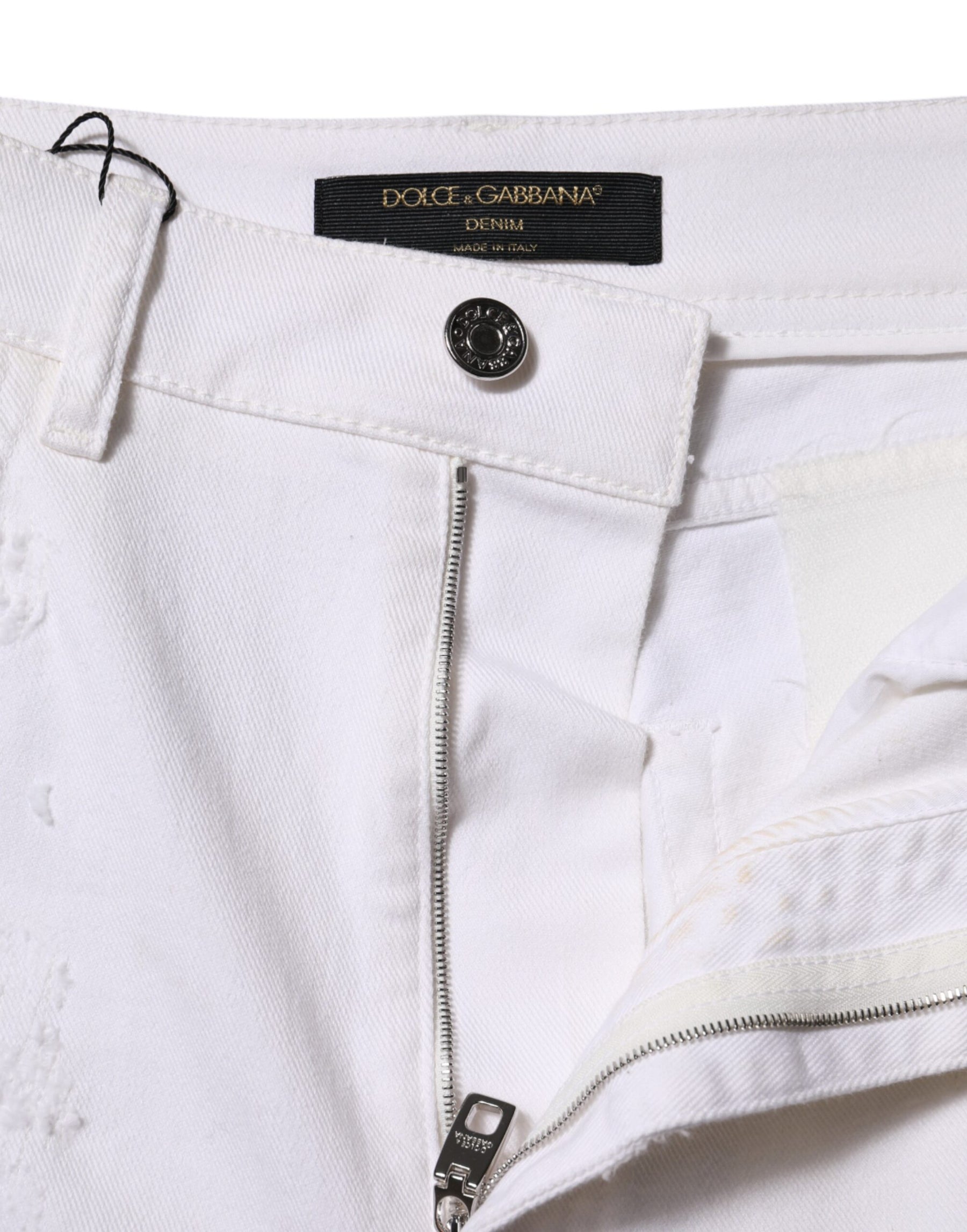 Dolce & Gabbana White Tattered Cotton High Waist Denim Jeans | Regal Royce