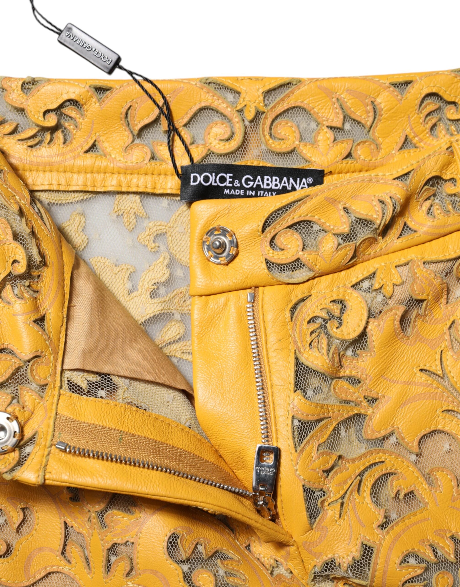 Dolce & Gabbana Yellow Floral Lace Mid Waist Capri Pants | Regal Royce