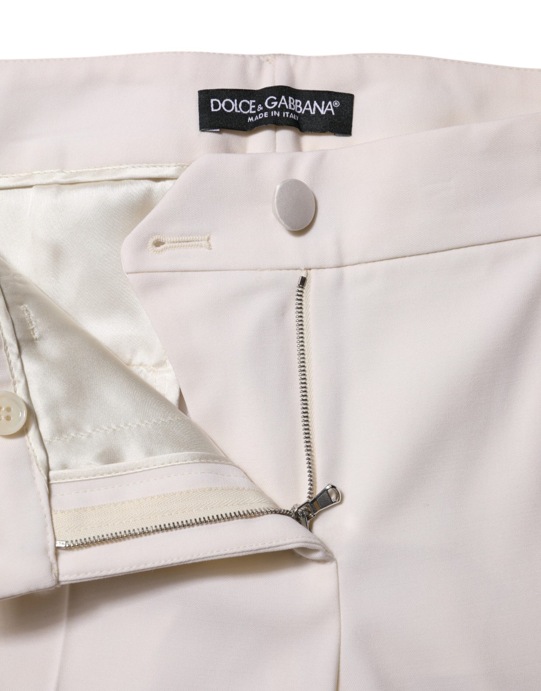 Dolce & Gabbana White Wool Mid Waist Tapered Trouser Pants | Regal Royce