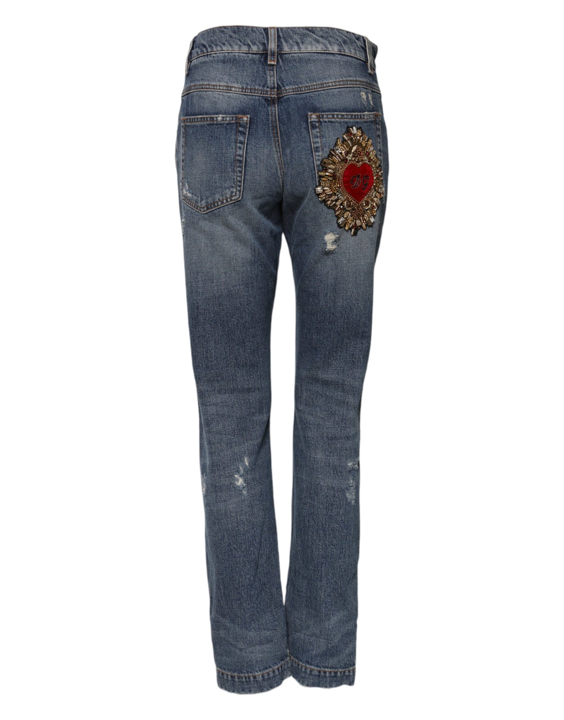 Dolce & Gabbana Blue Cotton Tattered Mid Waist Denim Jeans | Regal Royce