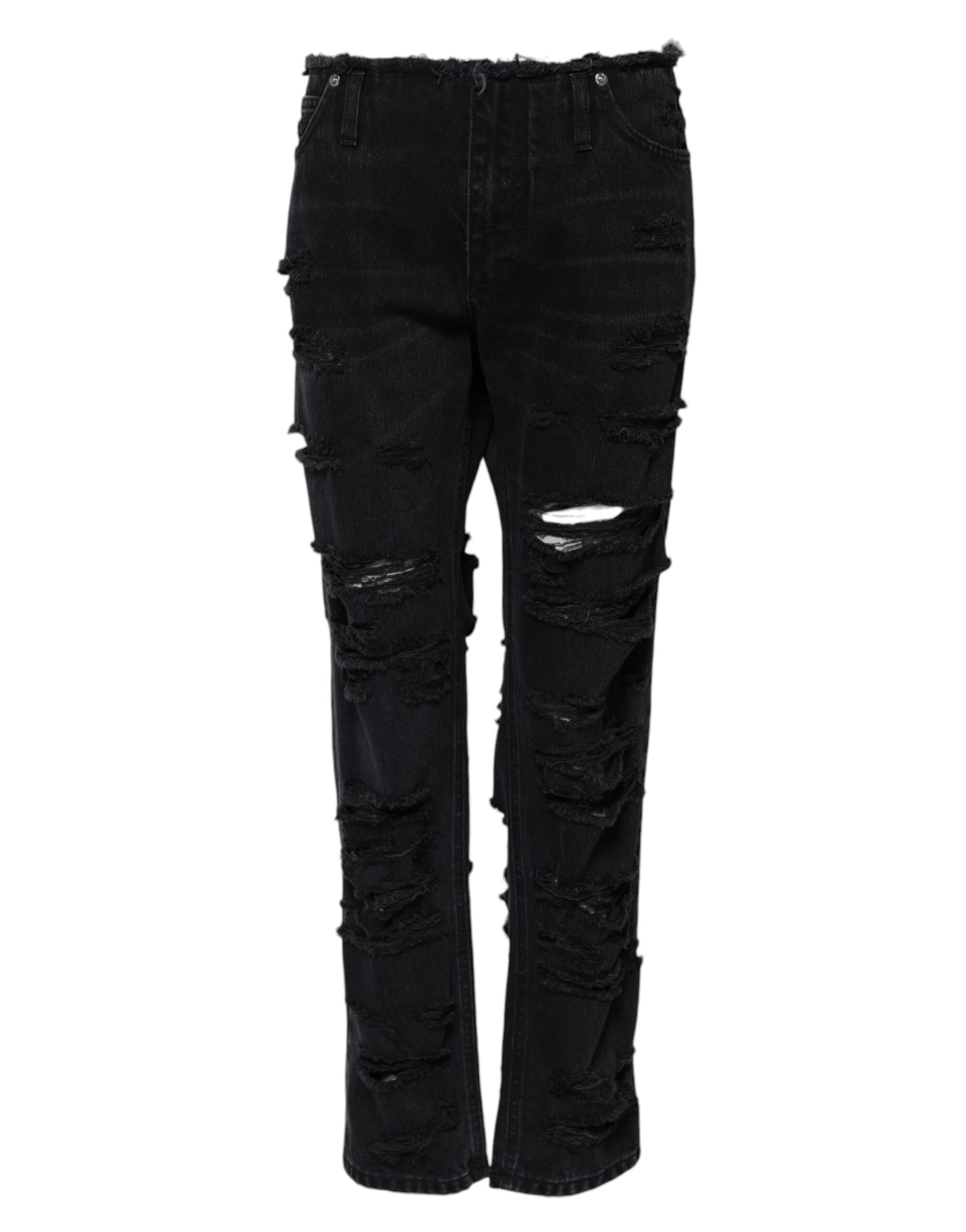 Dolce & Gabbana Black Cotton Tattered Mid Waist Denim Jeans | Regal Royce