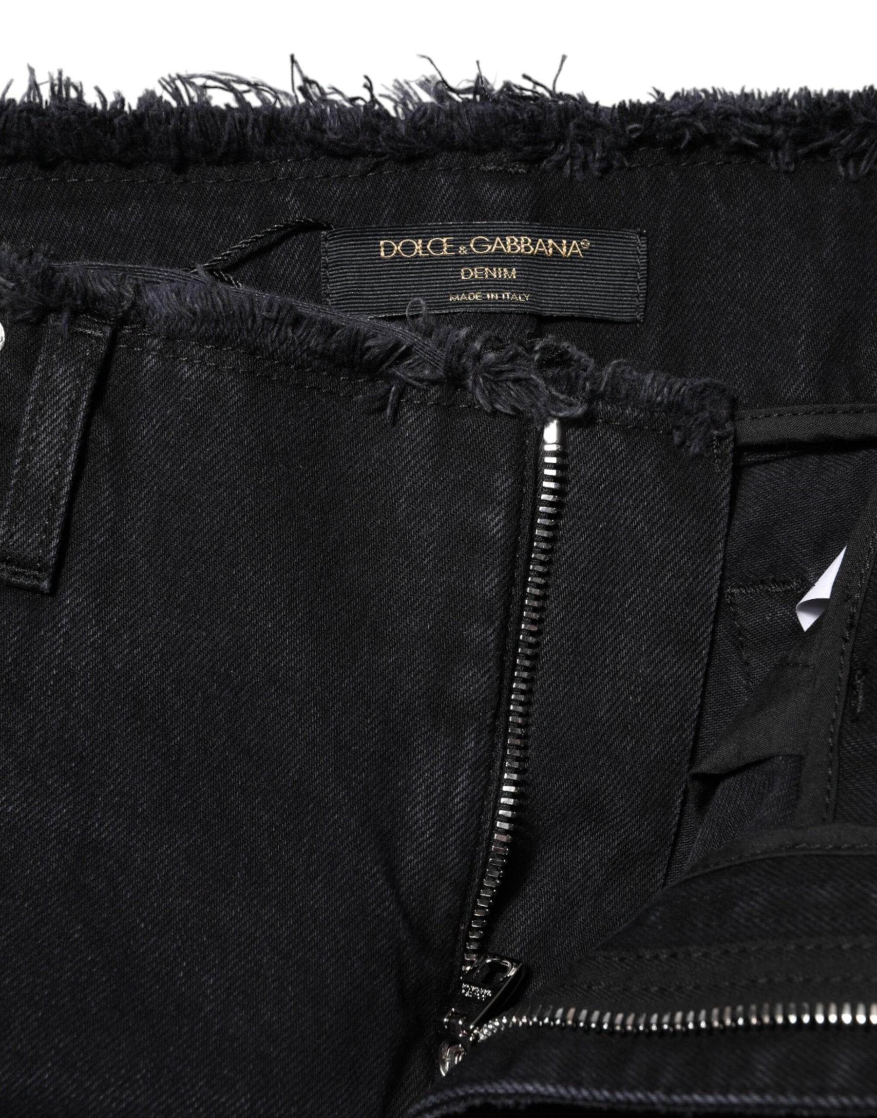 Dolce & Gabbana Black Cotton Tattered Mid Waist Denim Jeans | Regal Royce