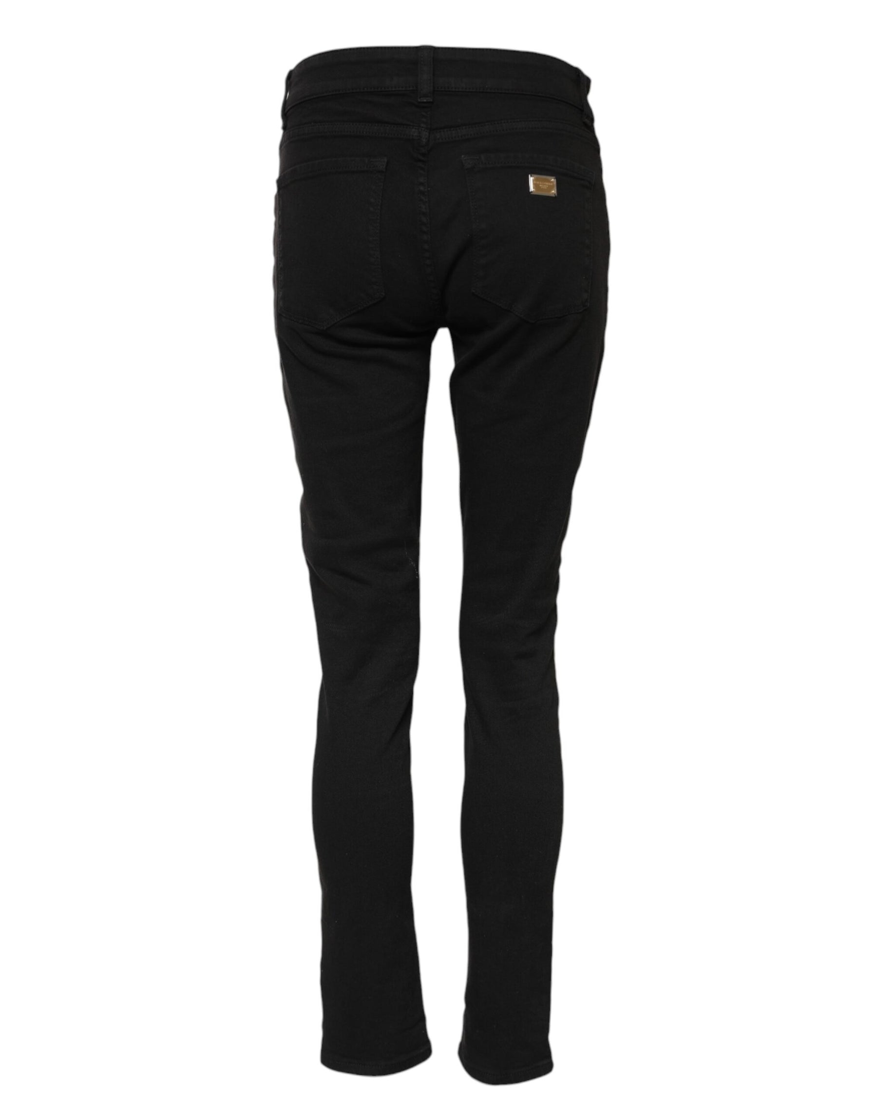 Dolce & Gabbana Black Cotton Logo Skinny Mid Waist Denim Jeans | Regal Royce