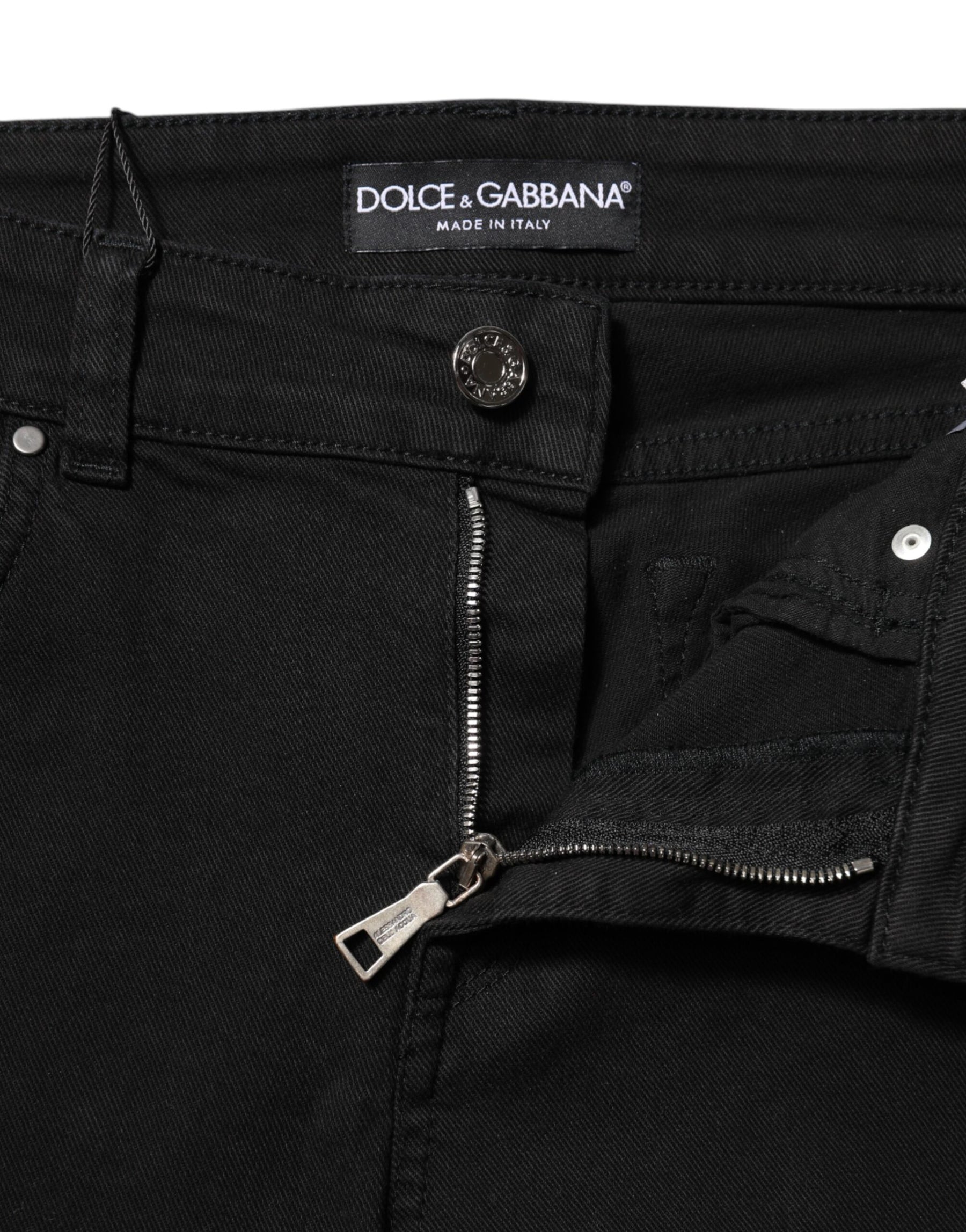Dolce & Gabbana Black Cotton Logo Skinny Mid Waist Denim Jeans | Regal Royce