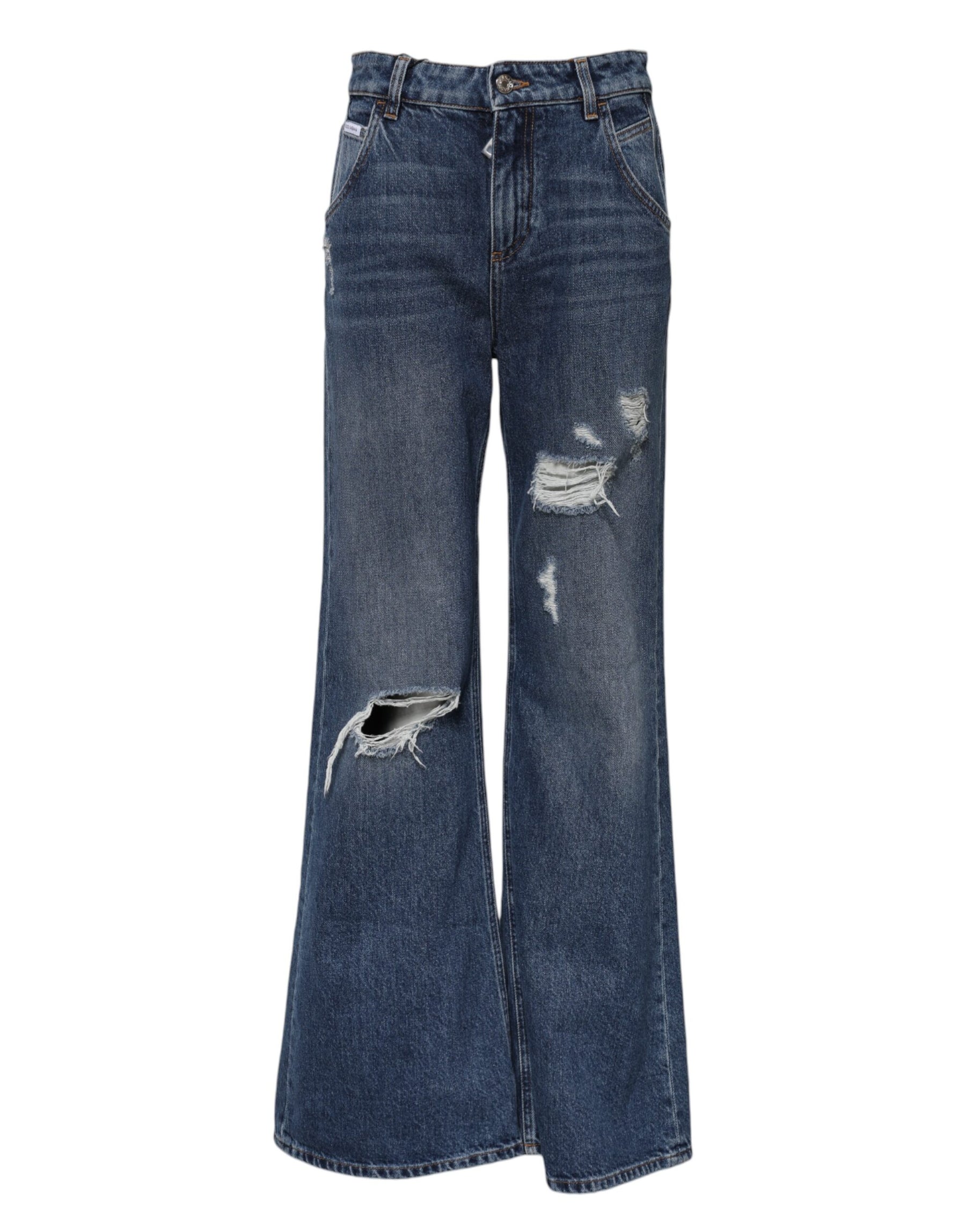 Dolce & Gabbana Blue Cotton Wide Leg Tattered Denim Jeans | Regal Royce