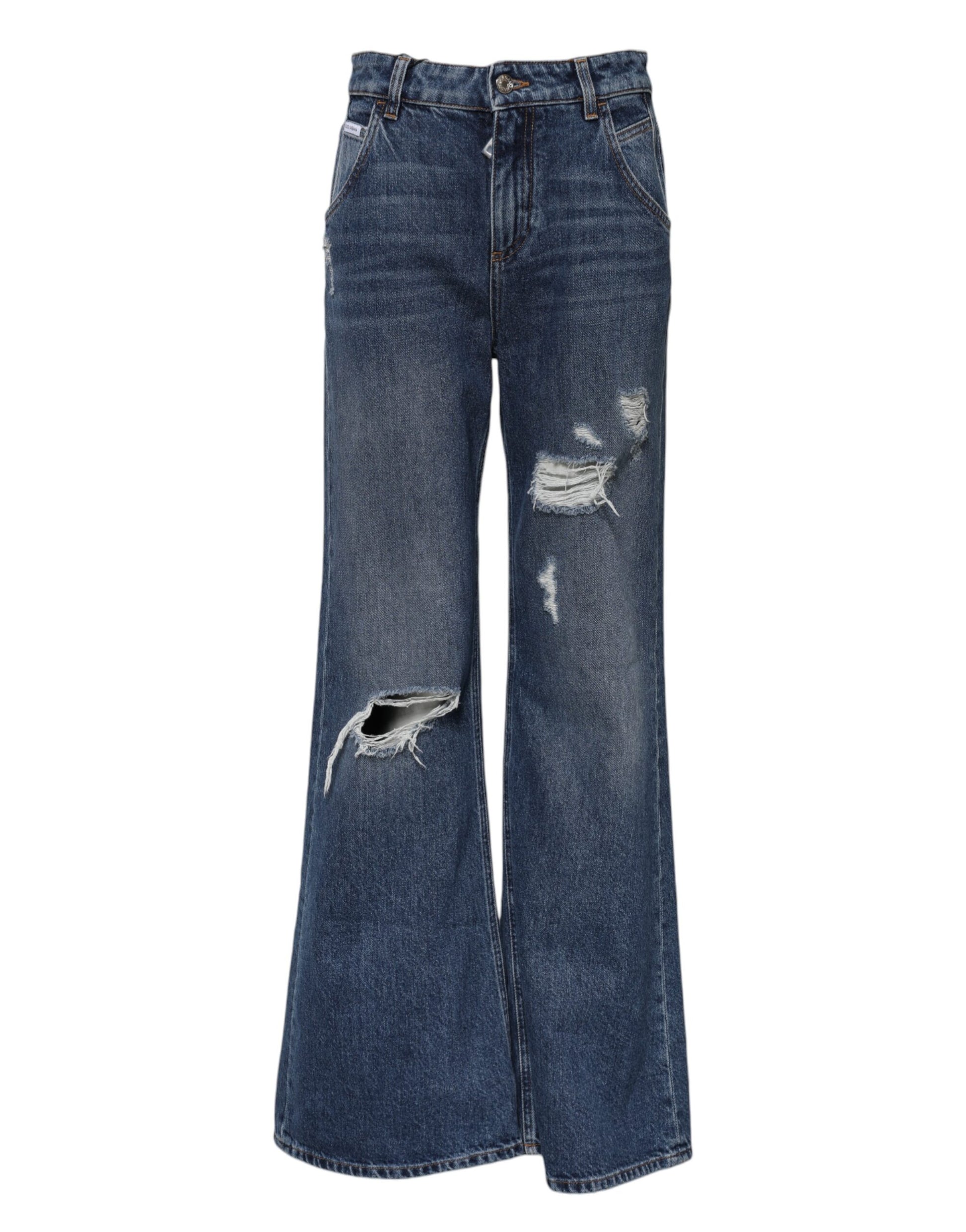 Dolce & Gabbana Blue Cotton Wide Leg Tattered Denim Jeans