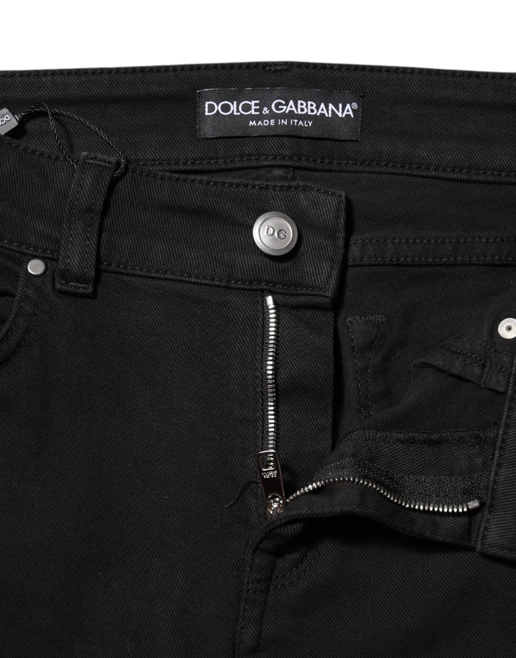 Dolce & Gabbana Black Cotton Logo Skinny Mid Waist Denim Jeans | Regal Royce
