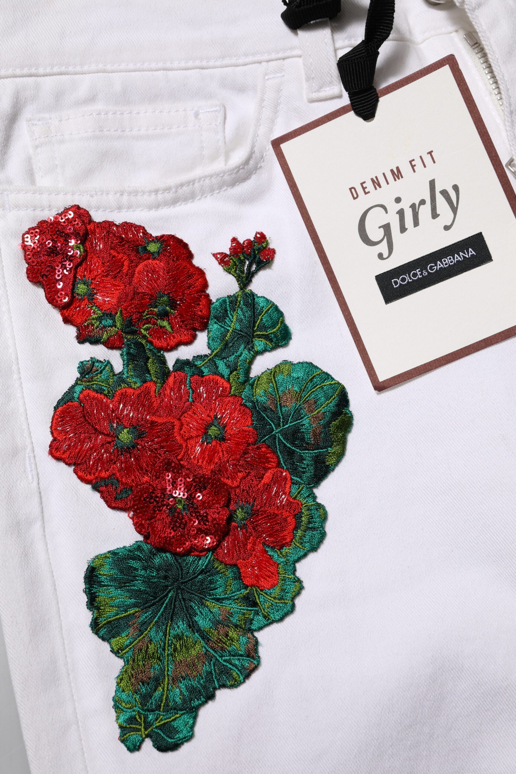 Dolce & Gabbana White Floral Embroidery GIRLY Denim Jeans | Regal Royce