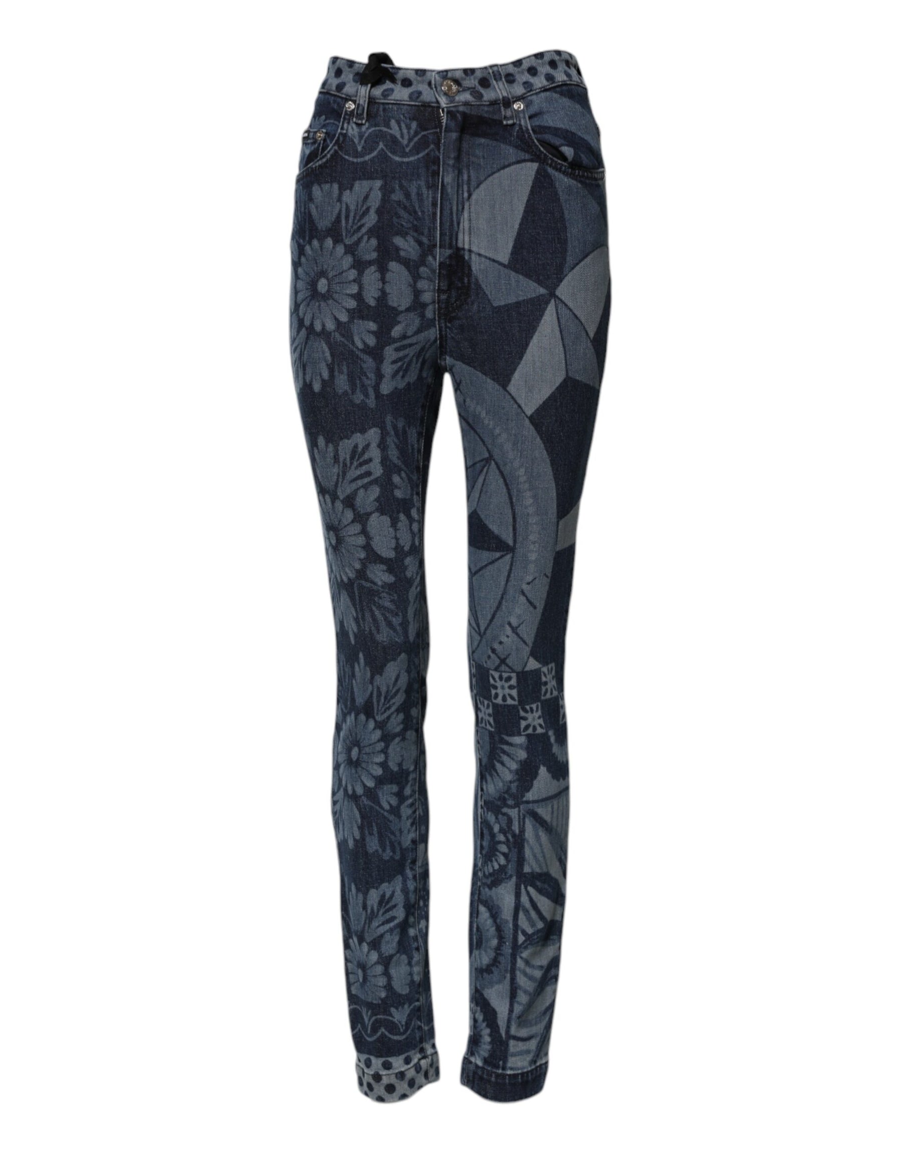 Dolce & Gabbana Blue Graphic Print Cotton Skinny Denim Jeans | Regal Royce