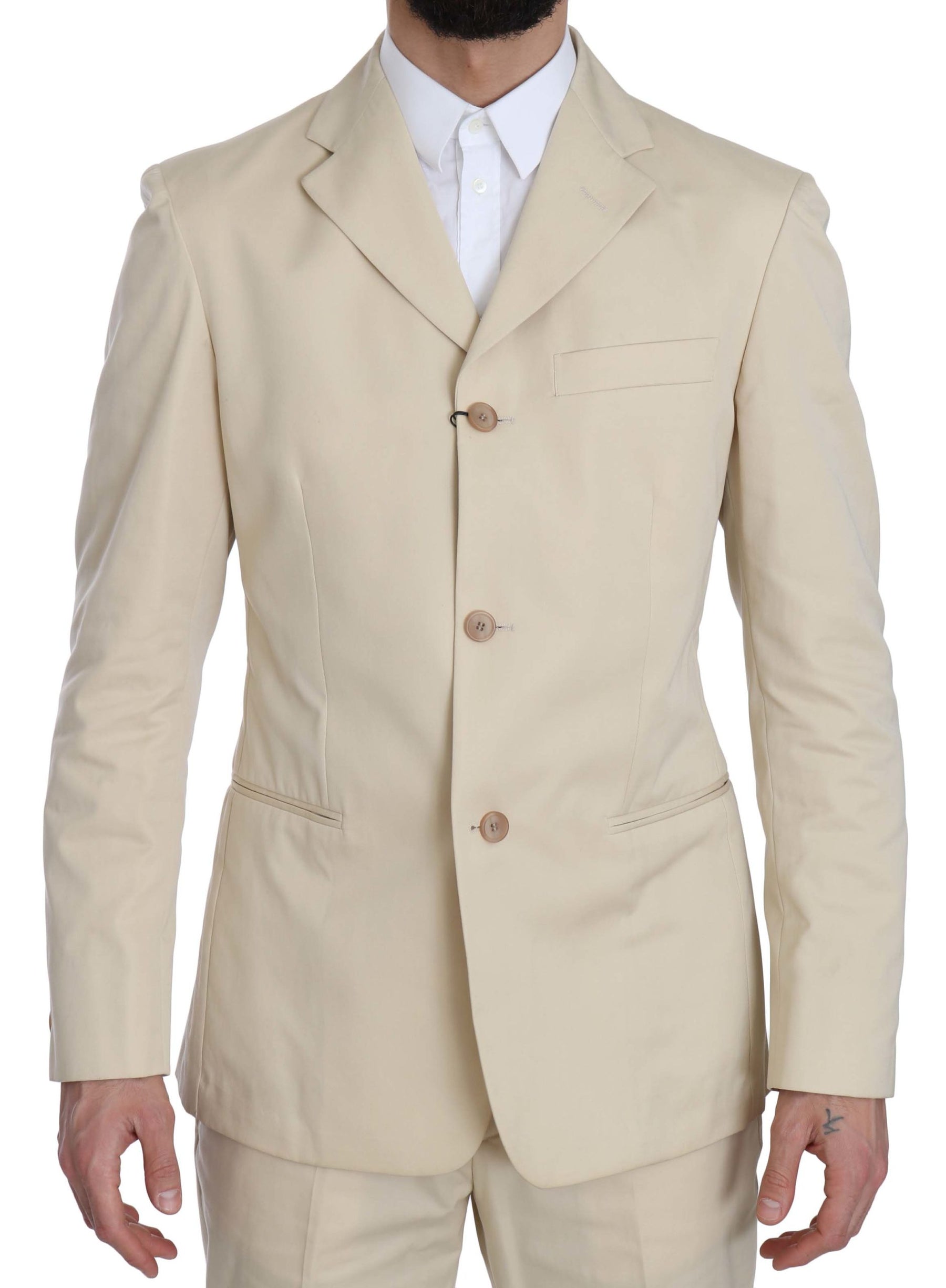Romeo Gigli Two Piece 3 Button Beige Cotton Solid Suit | Regal Royce