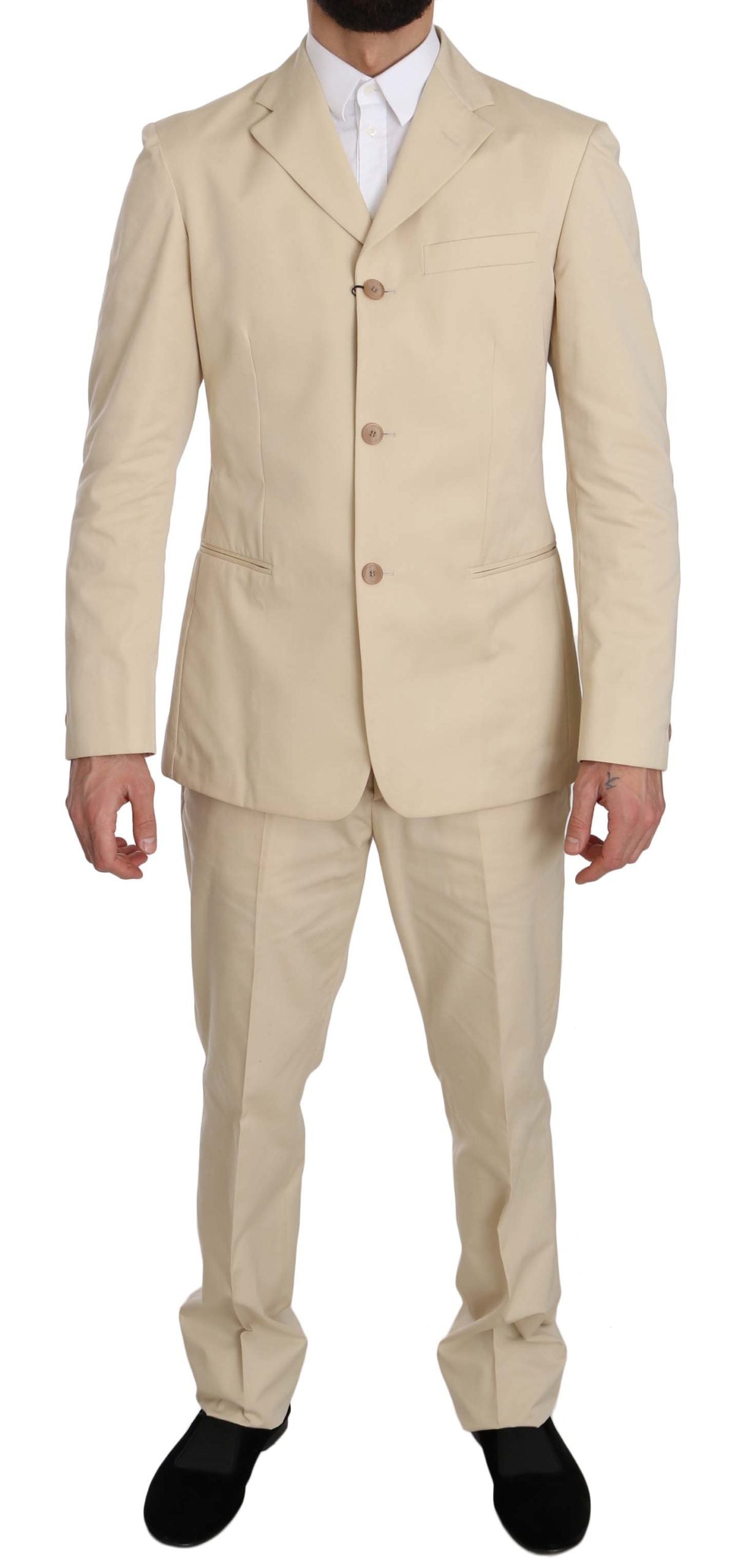 Romeo Gigli Two Piece 3 Button Beige Cotton Solid Suit | Regal Royce