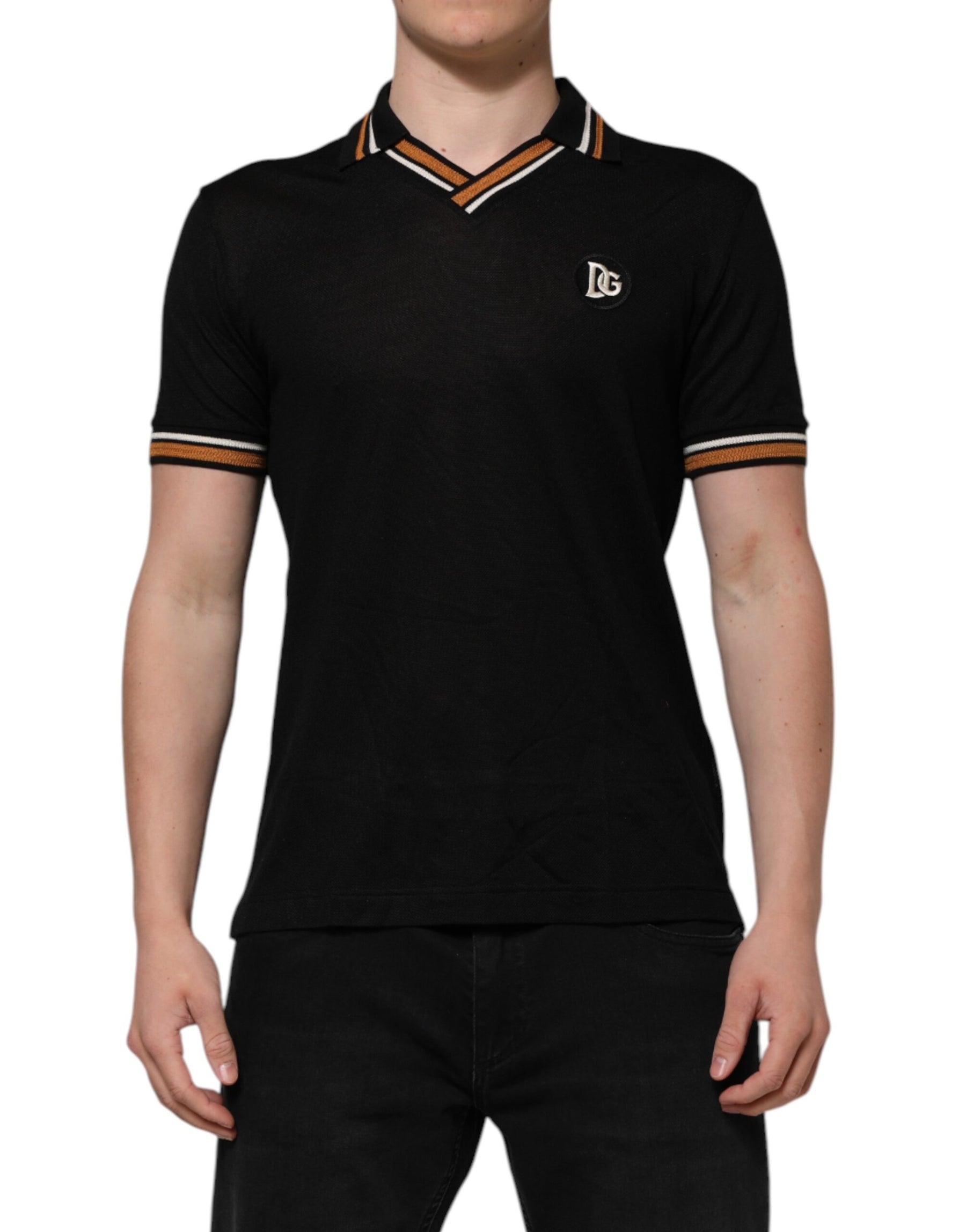 Dolce & Gabbana Black DG Silk Vneck Collared Men Polo T-shirt | Regal Royce